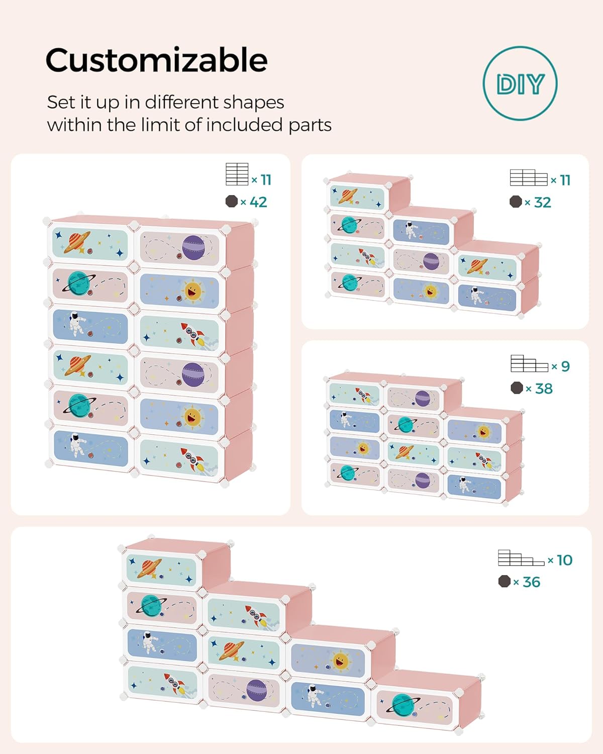 SONGMICS Kids' Shoe Rack with Doors, 12-Slot Stackable Storage Organizer, Plastic Wardrobe, Toys, Books, Clothes, 12.2 x 31.9 x 41.7 Inches, Jelly Pink ULPC907R015