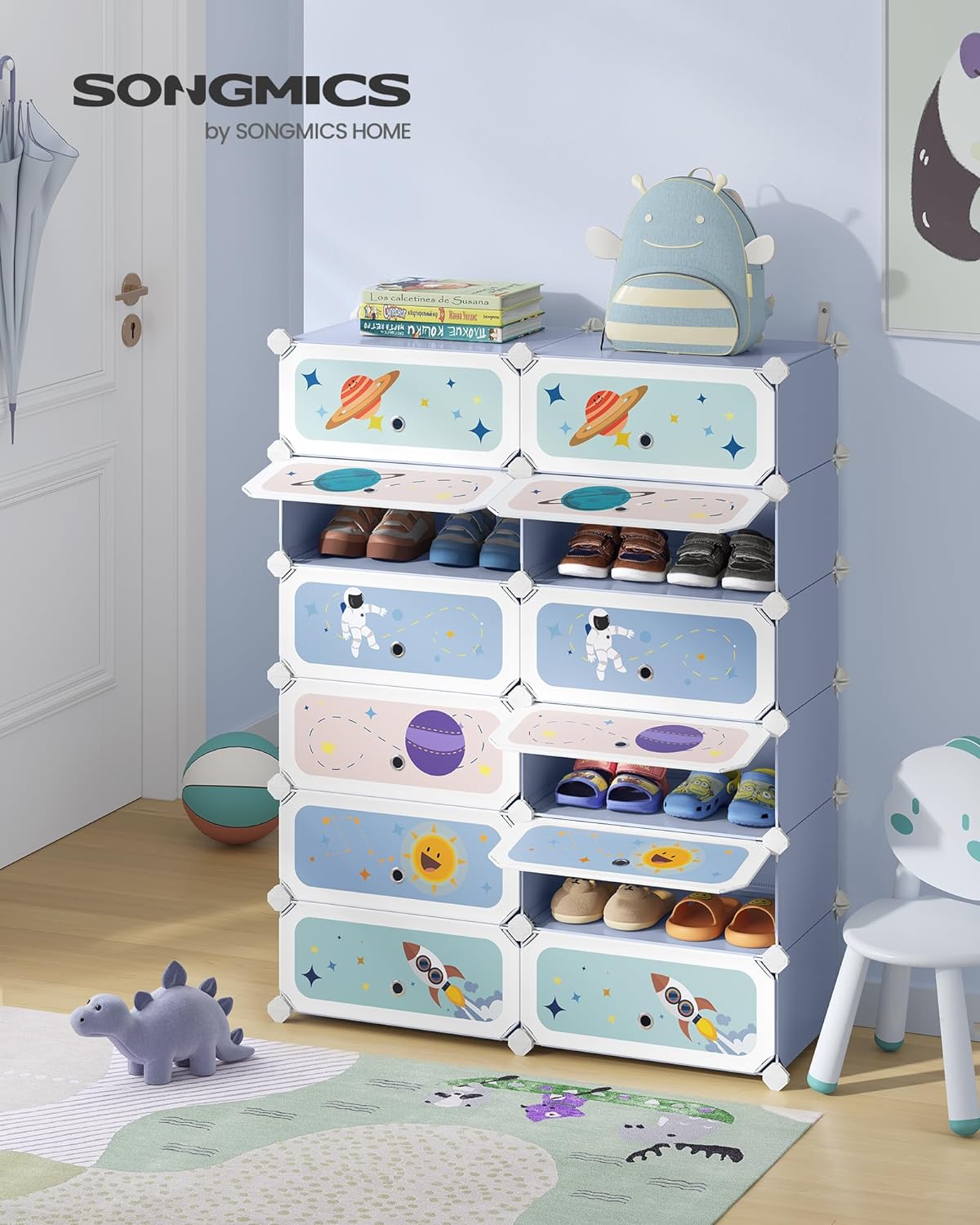 SONGMICS Kids' Shoe Rack with Doors, 12-Slot Stackable Storage Organizer, Plastic Wardrobe, Toys, Books, Clothes, 12.2 x 31.9 x 41.7 Inches, Pale Blue ULPC907Q015