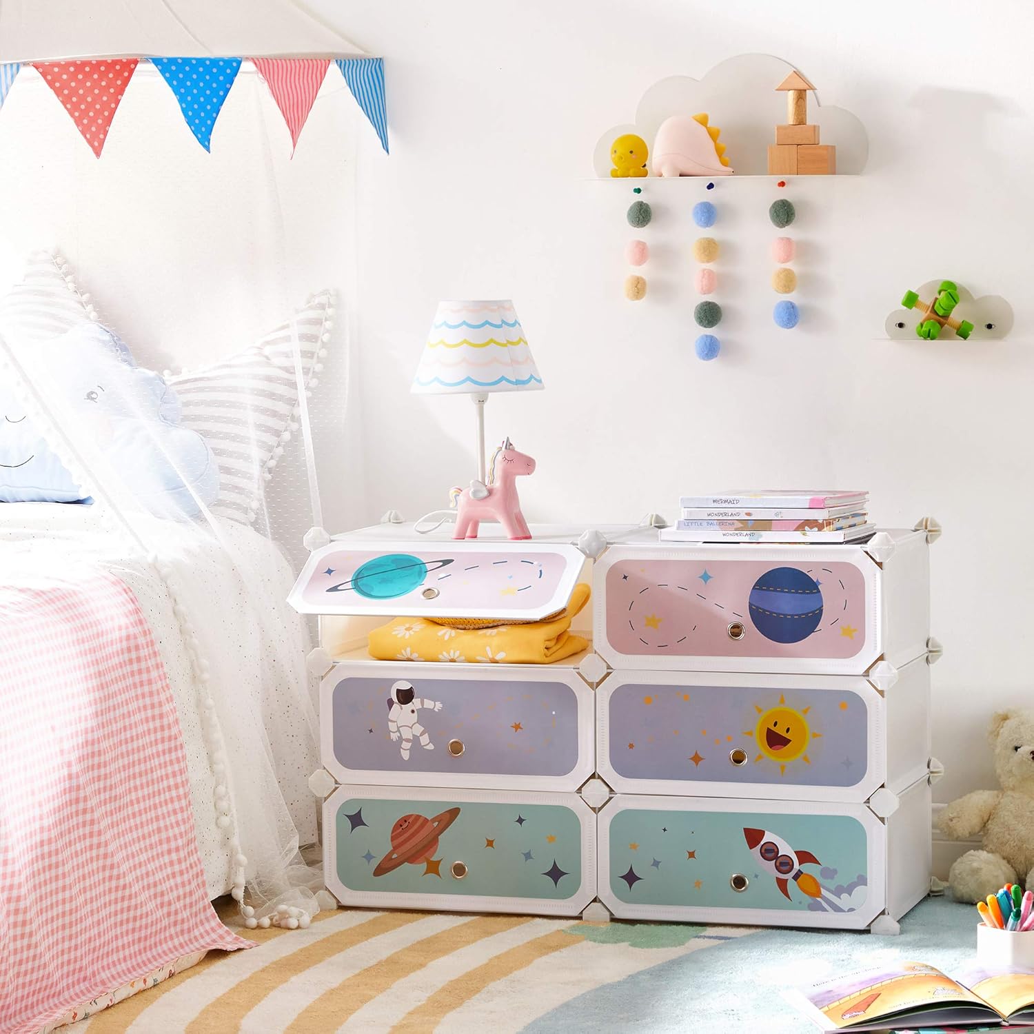 SONGMICS Kids' Shoe Rack with Doors, 6-Slot Stackable Storage Organizer, Plastic Wardrobe, Toys, Books, Clothes, 12.2 x 16.9 x 41.3 Inches, Cloud White ULPC904W011
