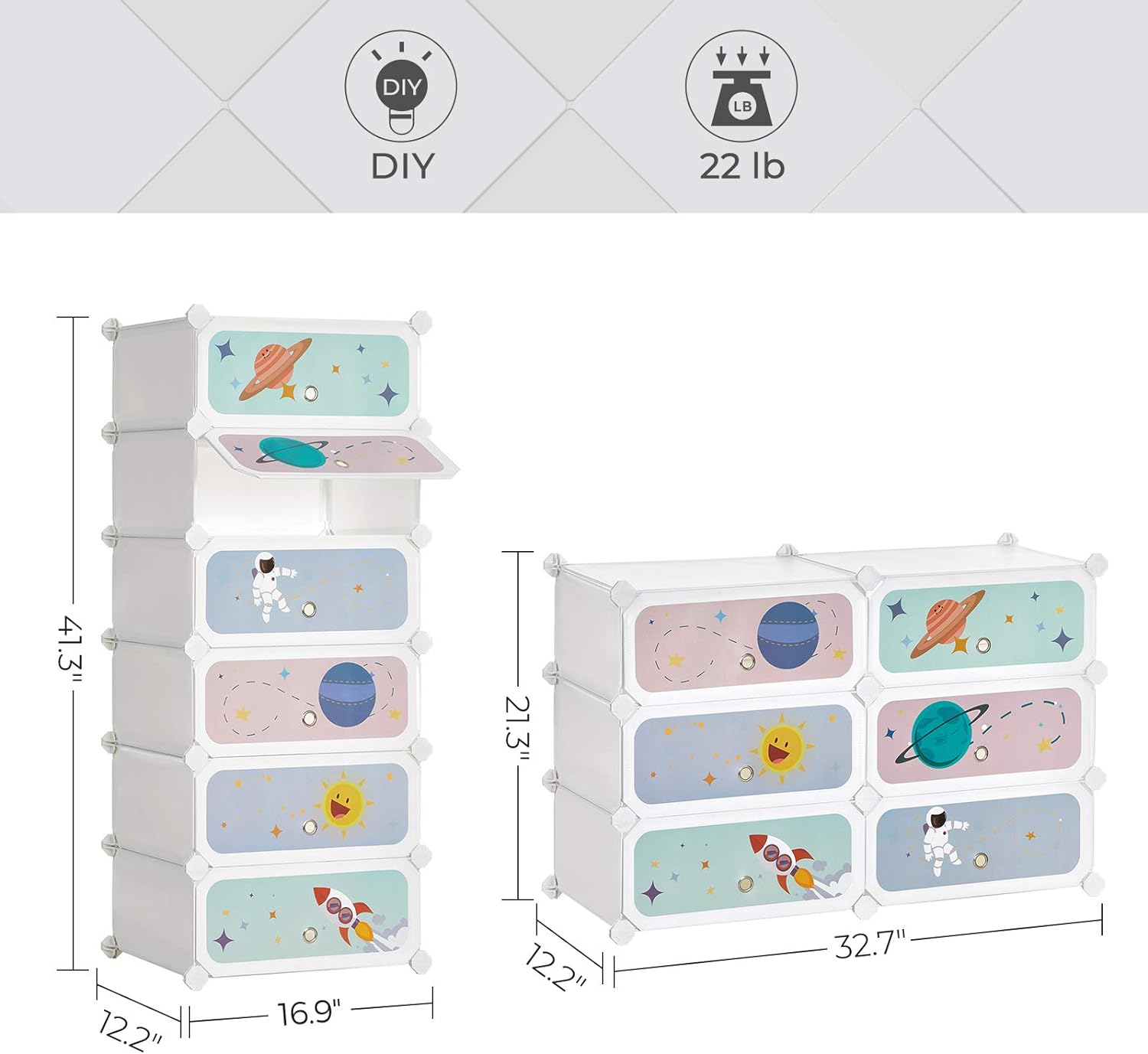 SONGMICS Kids' Shoe Rack with Doors, 6-Slot Stackable Storage Organizer, Plastic Wardrobe, Toys, Books, Clothes, 12.2 x 16.9 x 41.3 Inches, Cloud White ULPC904W013