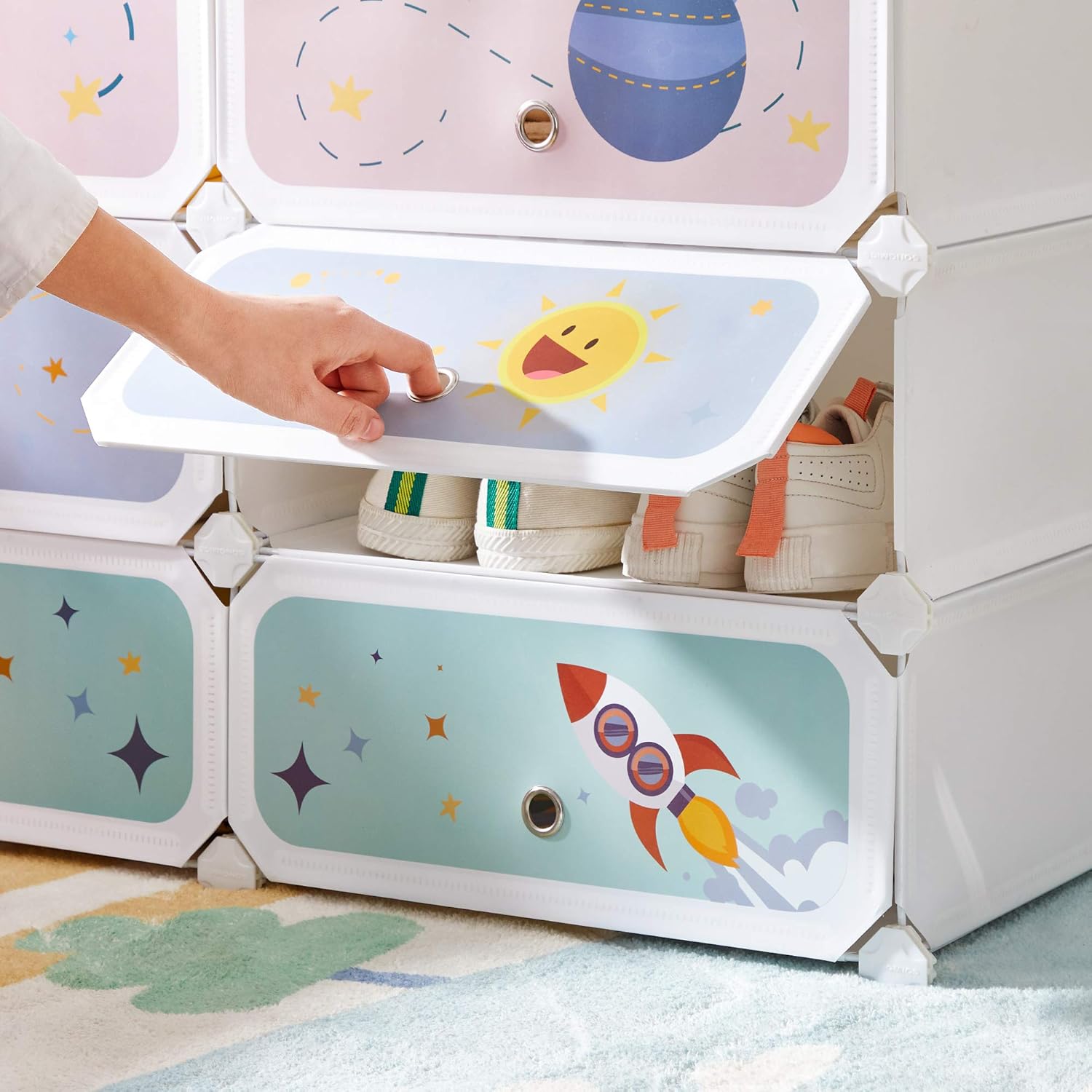 SONGMICS Kids' Shoe Rack with Doors, 6-Slot Stackable Storage Organizer, Plastic Wardrobe, Toys, Books, Clothes, 12.2 x 16.9 x 41.3 Inches, Cloud White ULPC904W015