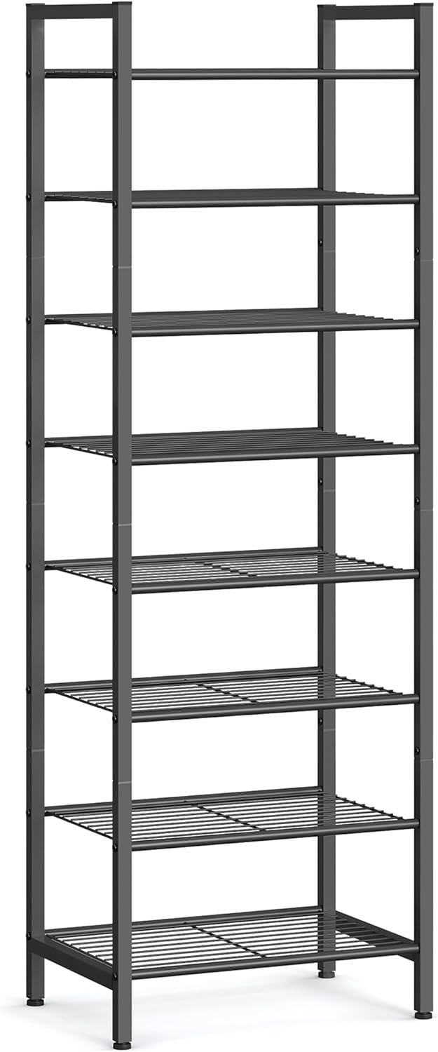 SONGMICS Narrow Shoe Rack, Sturdy 8 Tier Metal Tall Shoe Rack Shelf, Slim Shoe Storage Organizer for Closet Entryway Small Spaces, Vertical Shoe Stand Tower for 18 Pairs Shoes, Easy Assembly, Black SONGMICS Narrow Shoe Rack, Sturdy 8 Tier Metal Tall Shoe Rack Shelf, Slim Shoe Storage Organizer for Closet Entryway Small Spaces, Vertical Shoe Stand Tower for 18 Pairs Shoes, Easy Assembly, Black