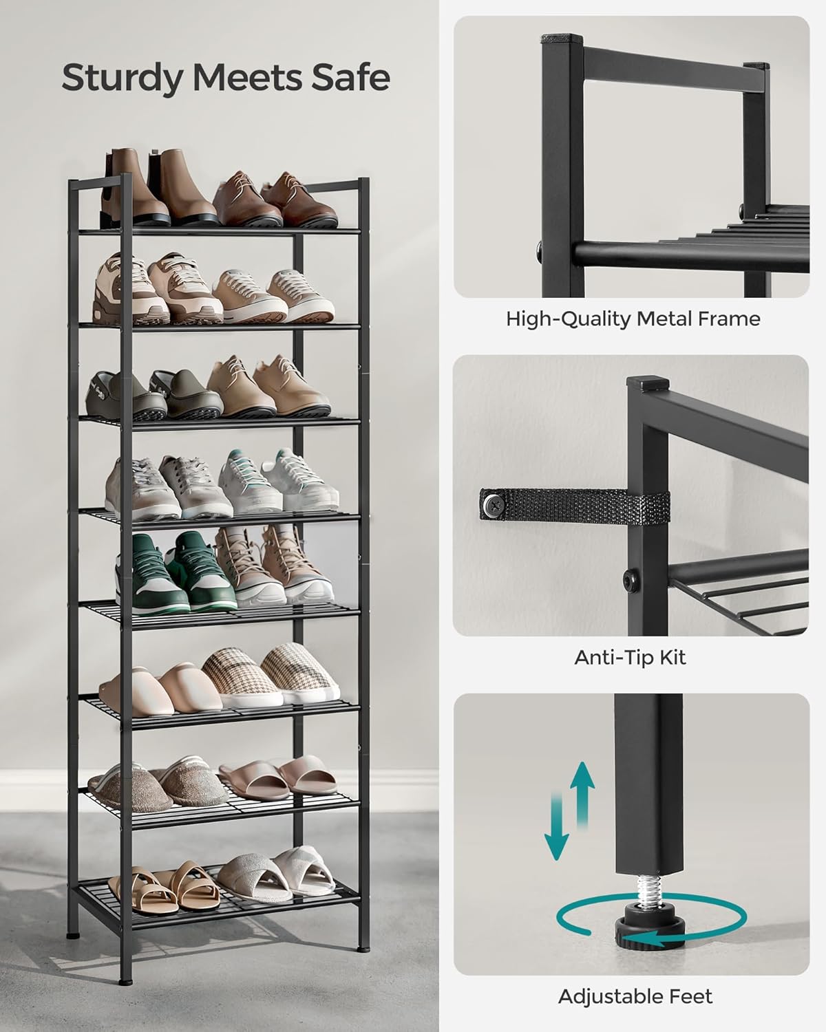 SONGMICS Narrow Shoe Rack, Sturdy 8 Tier Metal Tall Shoe Rack Shelf, Slim Shoe Storage Organizer for Closet Entryway Small Spaces, Vertical Shoe Stand Tower for 18 Pairs Shoes, Easy Assembly, Black7
