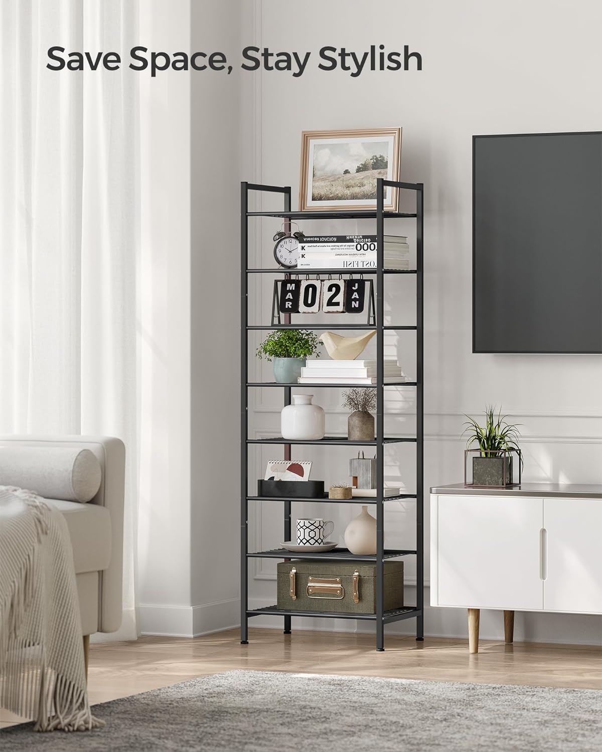 SONGMICS Narrow Shoe Rack, Sturdy 8 Tier Metal Tall Shoe Rack Shelf, Slim Shoe Storage Organizer for Closet Entryway Small Spaces, Vertical Shoe Stand Tower for 18 Pairs Shoes, Easy Assembly, Black9