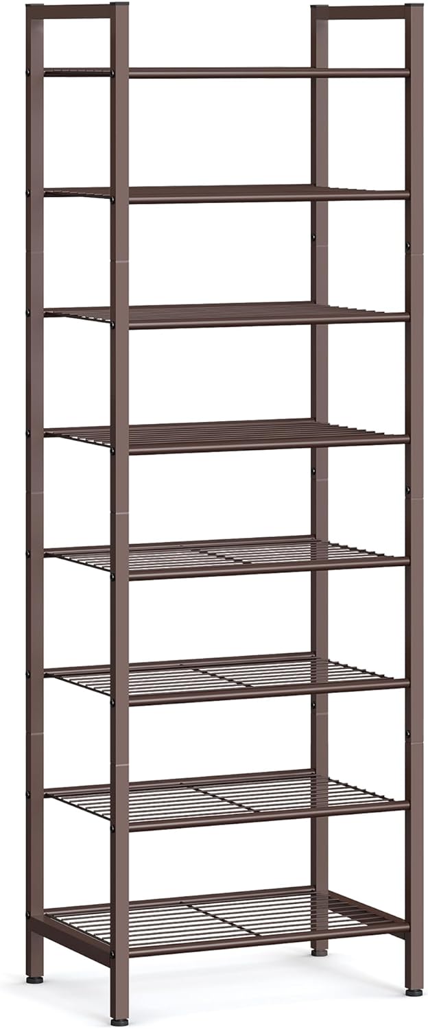 SONGMICS Narrow Shoe Rack, Sturdy 8 Tier Metal Tall Shoe Rack Shelf, Slim Shoe Storage Organizer for Closet Entryway Small Spaces, Vertical Shoe Stand Tower for 18 Pairs Shoes, Easy Assembly, Bronze SONGMICS Narrow Shoe Rack, Sturdy 8 Tier Metal Tall Shoe Rack Shelf, Slim Shoe Storage Organizer for Closet Entryway Small Spaces, Vertical Shoe Stand Tower for 18 Pairs Shoes, Easy Assembly, Bronze