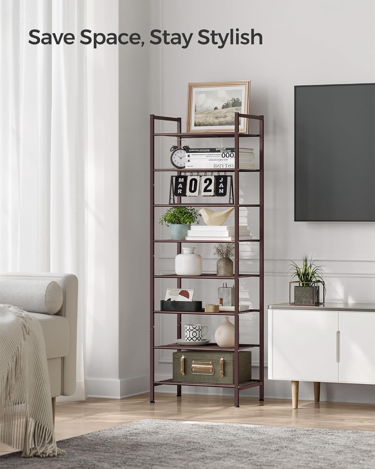 SONGMICS Narrow Shoe Rack, Sturdy 8 Tier Metal Tall Shoe Rack Shelf, Slim Shoe Storage Organizer for Closet Entryway Small Spaces, Vertical Shoe Stand Tower for 18 Pairs Shoes, Easy Assembly, Bronze0