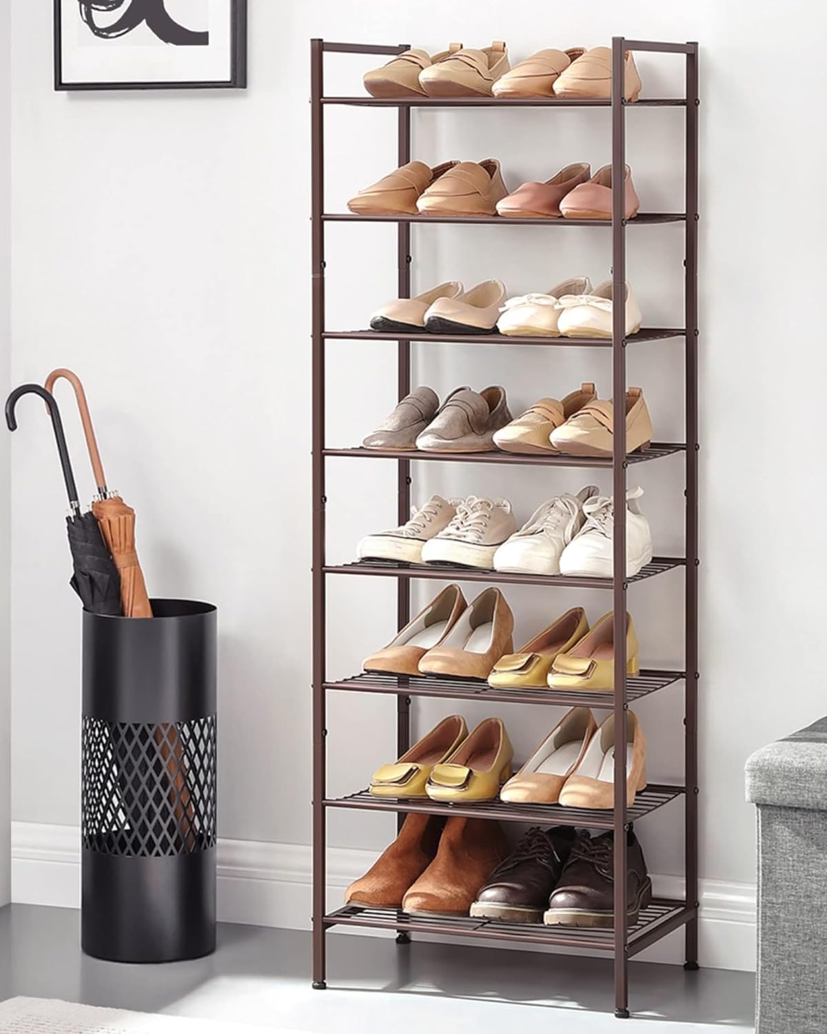 SONGMICS Narrow Shoe Rack, Sturdy 8 Tier Metal Tall Shoe Rack Shelf, Slim Shoe Storage Organizer for Closet Entryway Small Spaces, Vertical Shoe Stand Tower for 18 Pairs Shoes, Easy Assembly, Bronze1