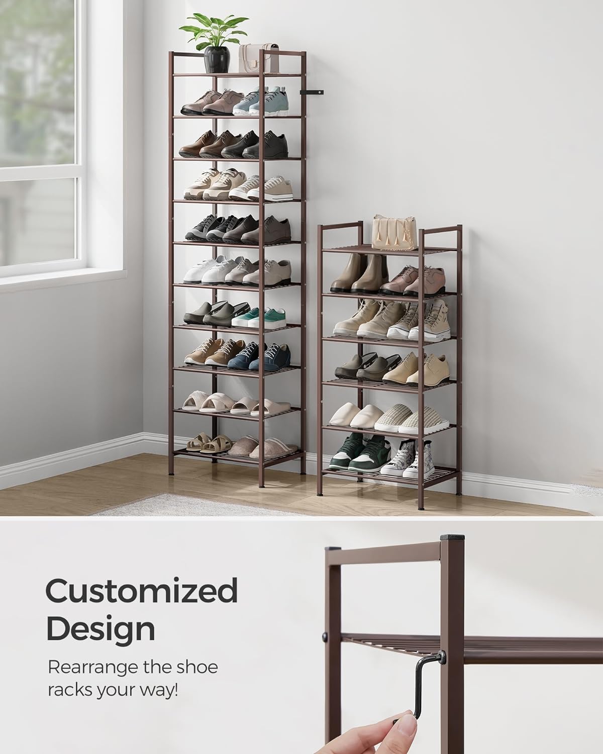SONGMICS Narrow Shoe Rack, Sturdy 8 Tier Metal Tall Shoe Rack Shelf, Slim Shoe Storage Organizer for Closet Entryway Small Spaces, Vertical Shoe Stand Tower for 18 Pairs Shoes, Easy Assembly, Bronze4