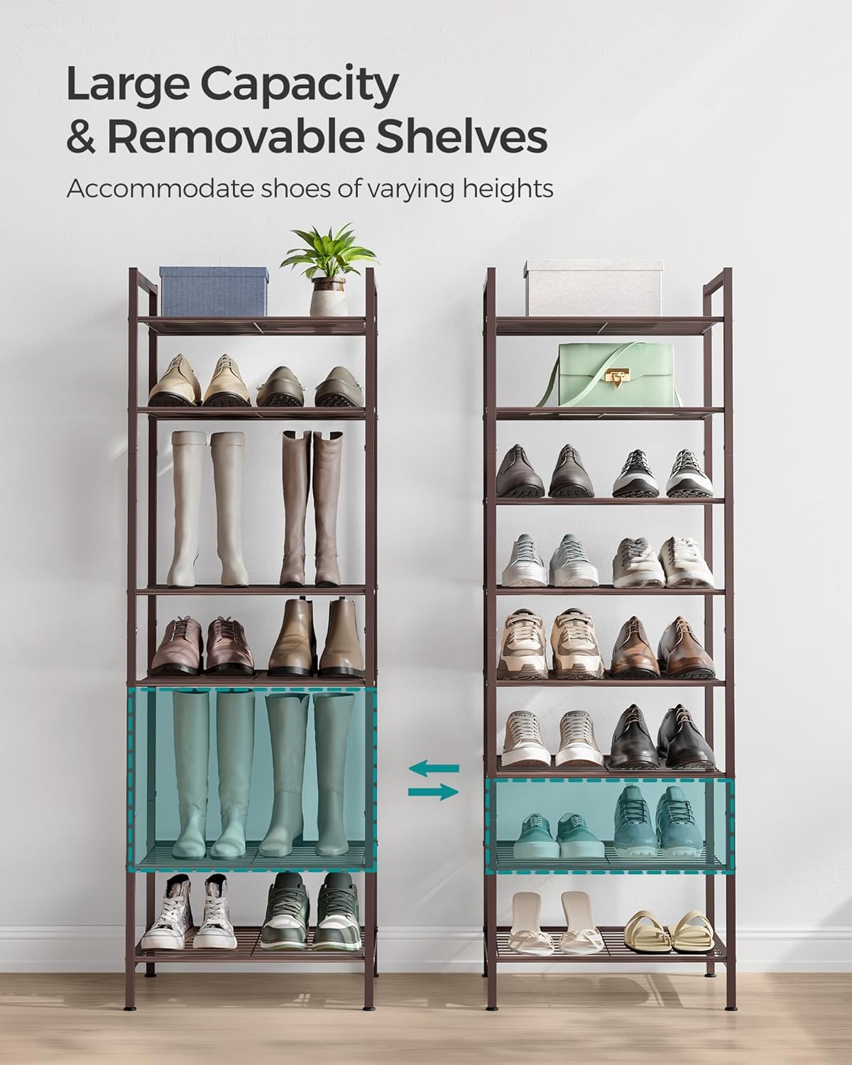 SONGMICS Narrow Shoe Rack, Sturdy 8 Tier Metal Tall Shoe Rack Shelf, Slim Shoe Storage Organizer for Closet Entryway Small Spaces, Vertical Shoe Stand Tower for 18 Pairs Shoes, Easy Assembly, Bronze5