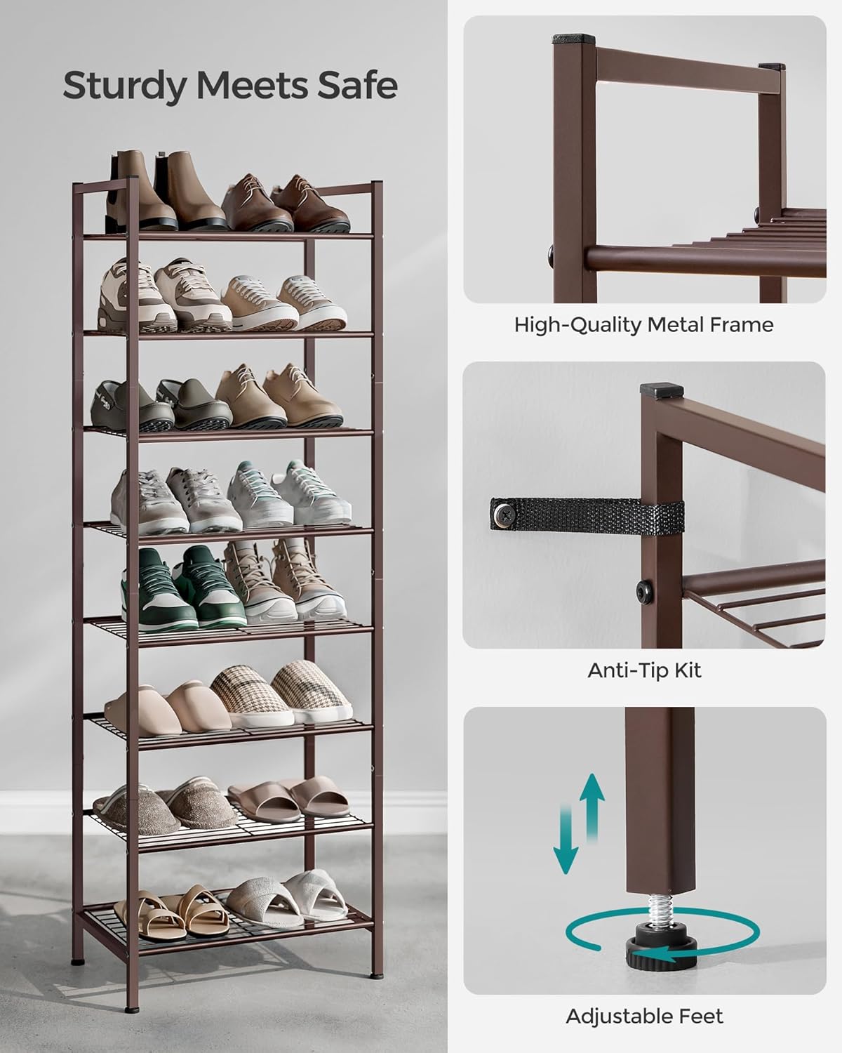 SONGMICS Narrow Shoe Rack, Sturdy 8 Tier Metal Tall Shoe Rack Shelf, Slim Shoe Storage Organizer for Closet Entryway Small Spaces, Vertical Shoe Stand Tower for 18 Pairs Shoes, Easy Assembly, Bronze6