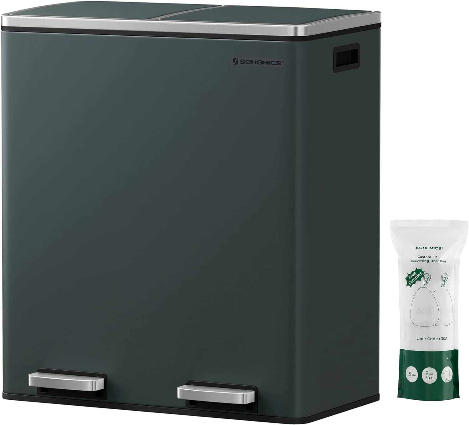 SONGMICS Trash Can, 2 x 8-Gallon Garbage Can for Kitchen, with 15 Trash Bags, 2 Compartments, Plastic Inner Buckets and Hinged Lids, Airtight, Greenish-Gray ULTB60GS SONGMICS Trash Can, 2 x 8-Gallon Garbage Can for Kitchen, with 15 Trash Bags, 2 Compartments, Plastic Inner Buckets and Hinged Lids, Airtight, Greenish-Gray ULTB60GS