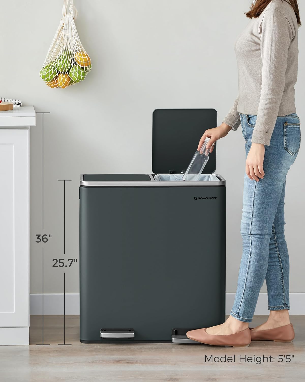 SONGMICS Trash Can, 2 x 8-Gallon Garbage Can for Kitchen, with 15 Trash Bags, 2 Compartments, Plastic Inner Buckets and Hinged Lids, Airtight, Greenish-Gray ULTB60GS0-