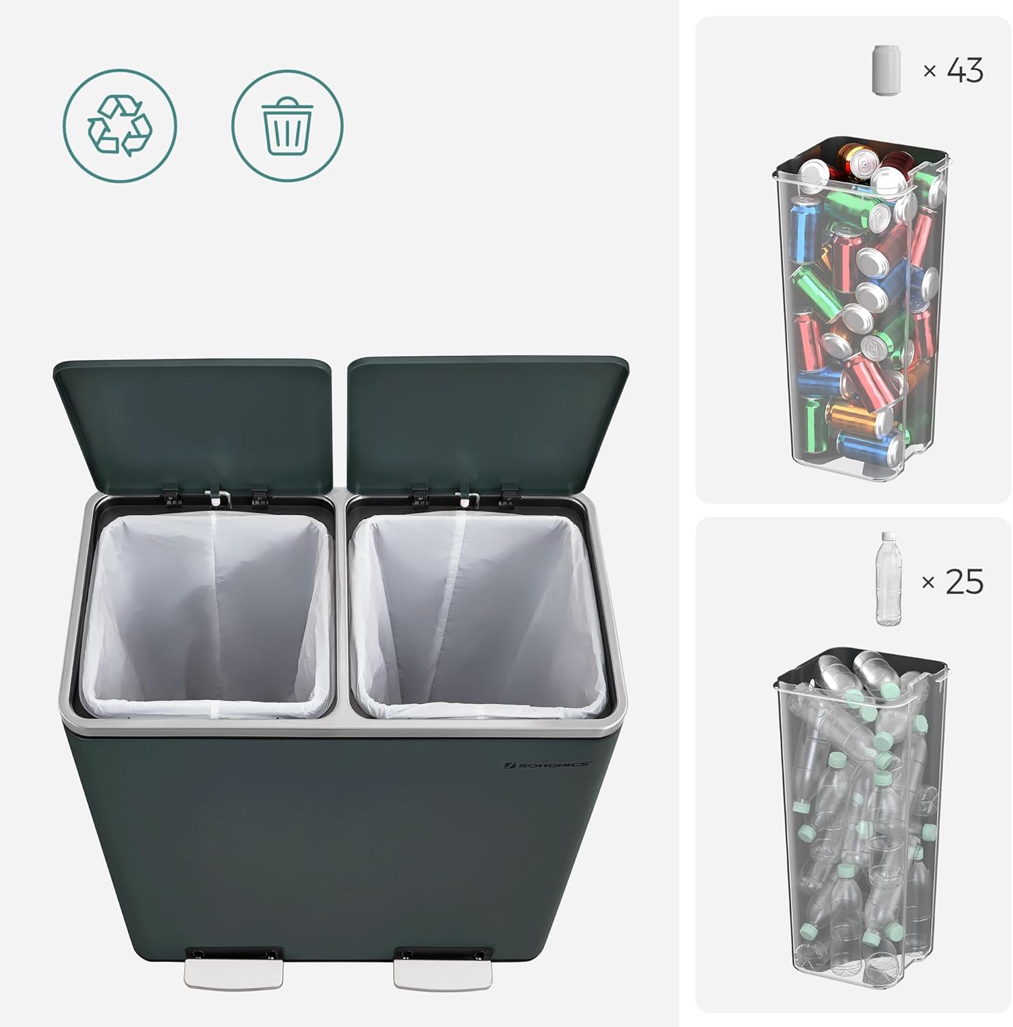 SONGMICS Trash Can, 2 x 8-Gallon Garbage Can for Kitchen, with 15 Trash Bags, 2 Compartments, Plastic Inner Buckets and Hinged Lids, Airtight, Greenish-Gray ULTB60GS0