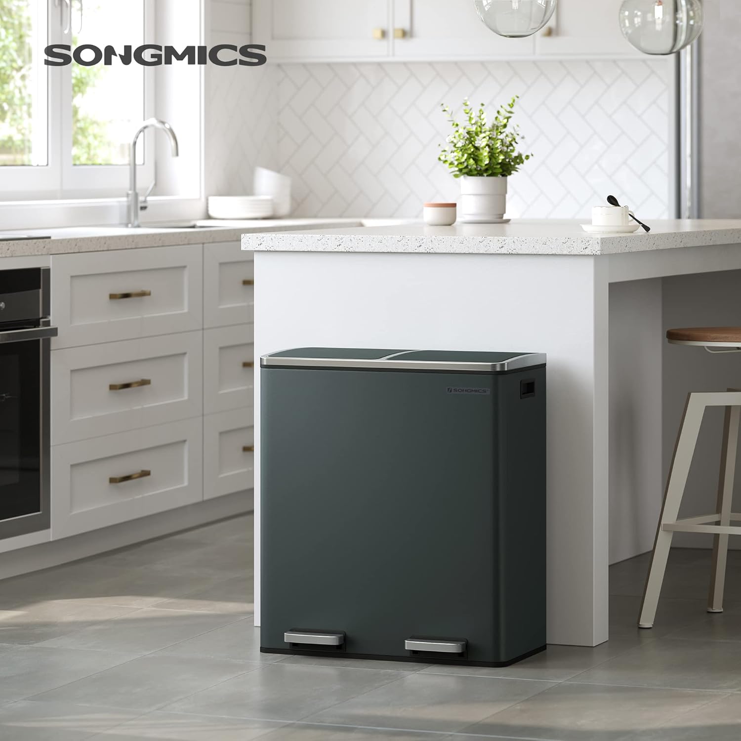 SONGMICS Trash Can, 2 x 8-Gallon Garbage Can for Kitchen, with 15 Trash Bags, 2 Compartments, Plastic Inner Buckets and Hinged Lids, Airtight, Greenish-Gray ULTB60GS1