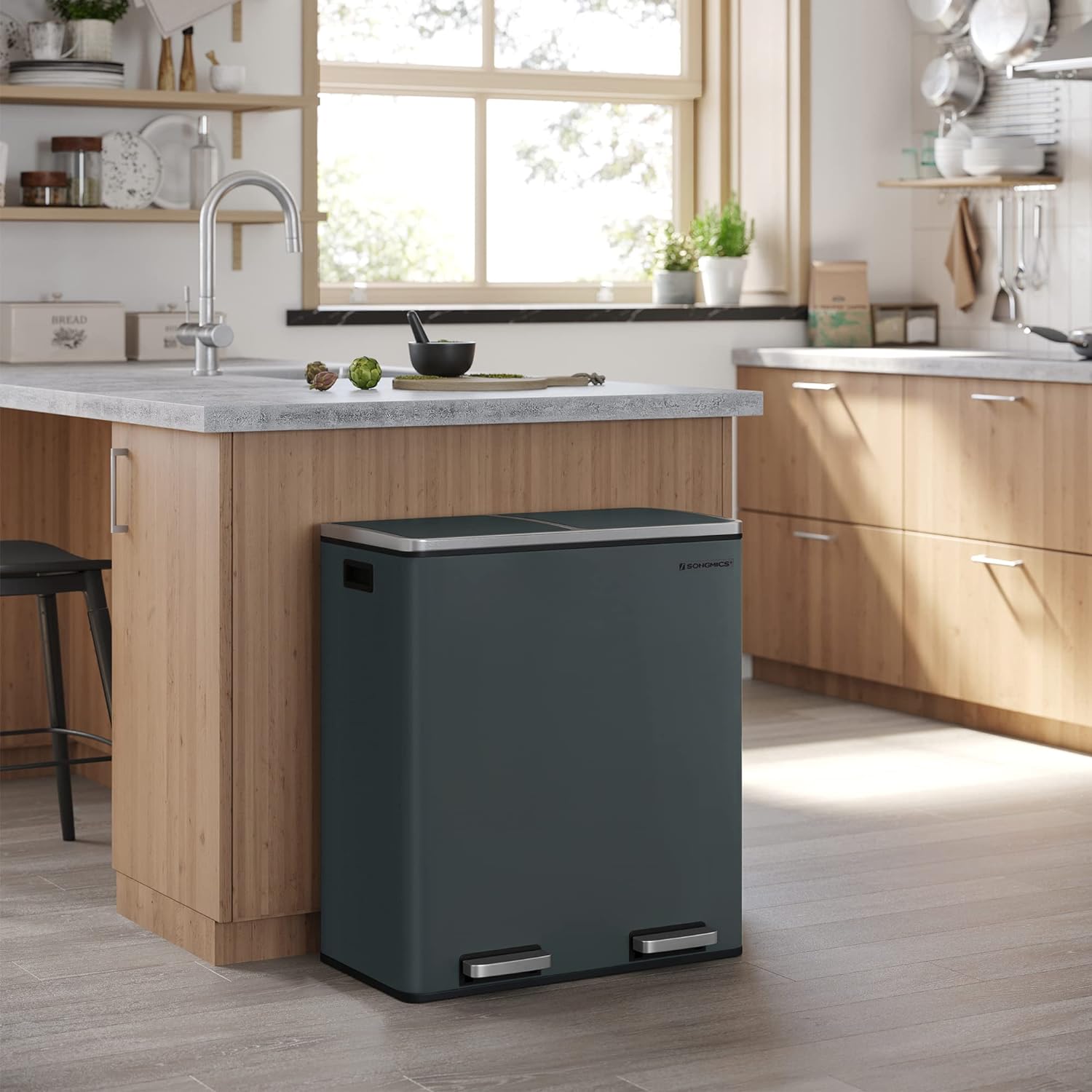 SONGMICS Trash Can, 2 x 8-Gallon Garbage Can for Kitchen, with 15 Trash Bags, 2 Compartments, Plastic Inner Buckets and Hinged Lids, Airtight, Greenish-Gray ULTB60GS3