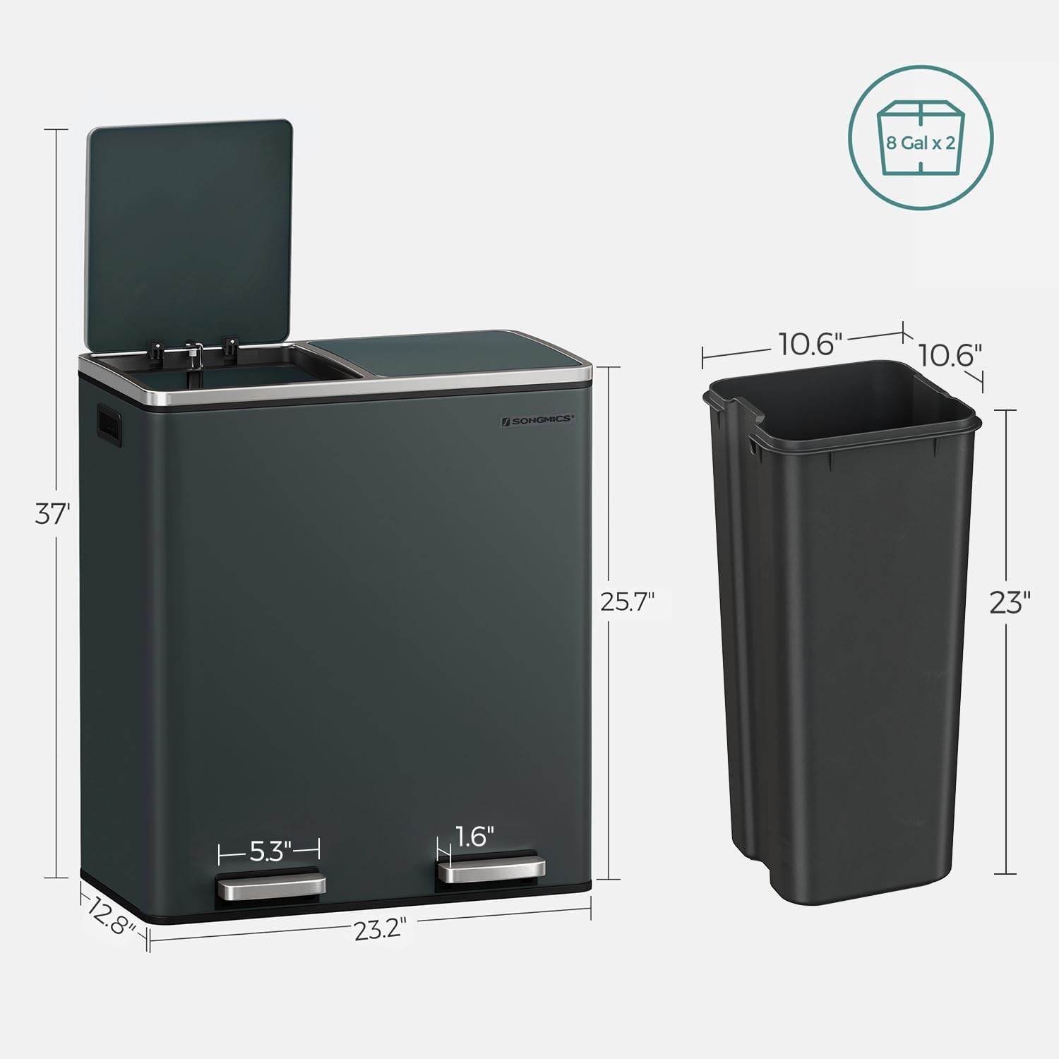 SONGMICS Trash Can, 2 x 8-Gallon Garbage Can for Kitchen, with 15 Trash Bags, 2 Compartments, Plastic Inner Buckets and Hinged Lids, Airtight, Greenish-Gray ULTB60GS8