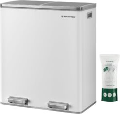 SONGMICS Trash Can, 2 x 8-Gallon Garbage Can for Kitchen, with 15 Trash Bags, 2 Compartments, Plastic Inner Buckets and Hinged Lids, Airtight, White and Gray ULTB60WT