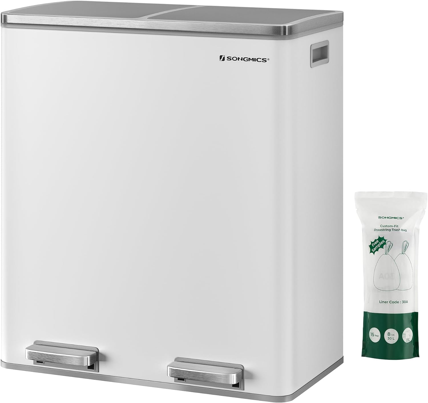 SONGMICS Trash Can, 2 x 8-Gallon Garbage Can for Kitchen, with 15 Trash Bags, 2 Compartments, Plastic Inner Buckets and Hinged Lids, Airtight, White and Gray ULTB60WT SONGMICS Trash Can, 2 x 8-Gallon Garbage Can for Kitchen, with 15 Trash Bags, 2 Compartments, Plastic Inner Buckets and Hinged Lids, Airtight, White and Gray ULTB60WT