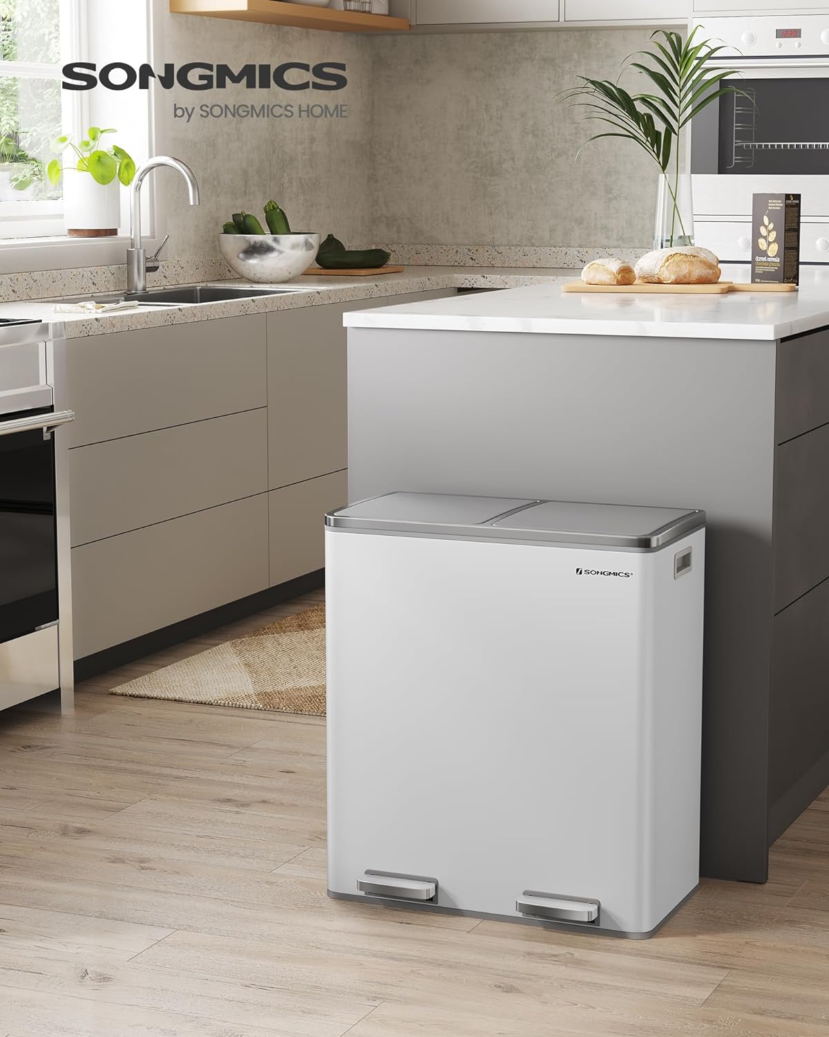 SONGMICS Trash Can, 2 x 8-Gallon Garbage Can for Kitchen, with 15 Trash Bags, 2 Compartments, Plastic Inner Buckets and Hinged Lids, Airtight, White and Gray ULTB60WT1