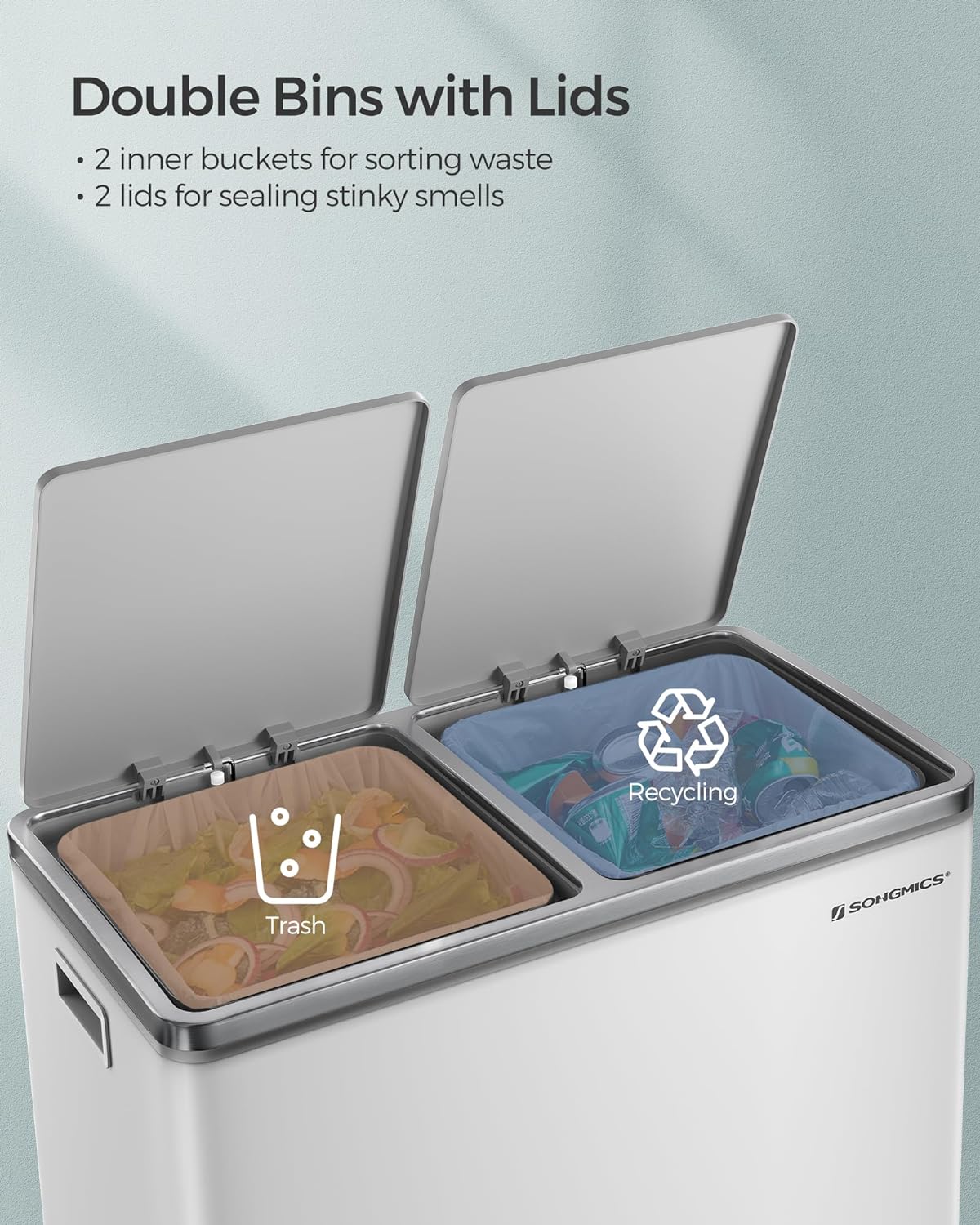 SONGMICS Trash Can, 2 x 8-Gallon Garbage Can for Kitchen, with 15 Trash Bags, 2 Compartments, Plastic Inner Buckets and Hinged Lids, Airtight, White and Gray ULTB60WT3