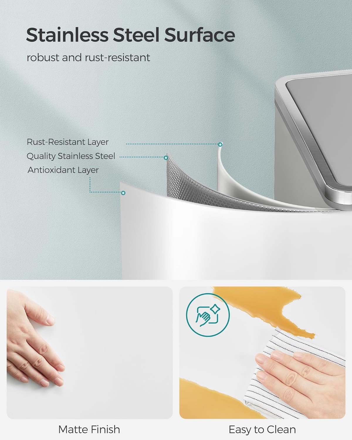 SONGMICS Trash Can, 2 x 8-Gallon Garbage Can for Kitchen, with 15 Trash Bags, 2 Compartments, Plastic Inner Buckets and Hinged Lids, Airtight, White and Gray ULTB60WT4