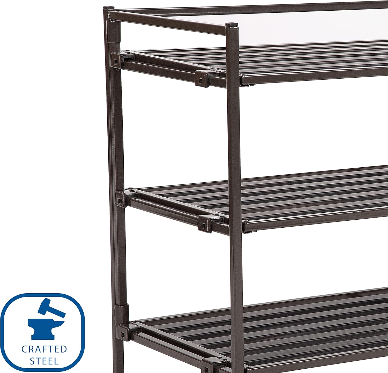 Seville Classics Sturdy Freestanding Storage Shelf for Bedroom, Closet, Entryway, Dorm Room Organizer Stackable Durable Metal Shoe Rack Espresso Slat, 3-Tier (NEW MODEL)2