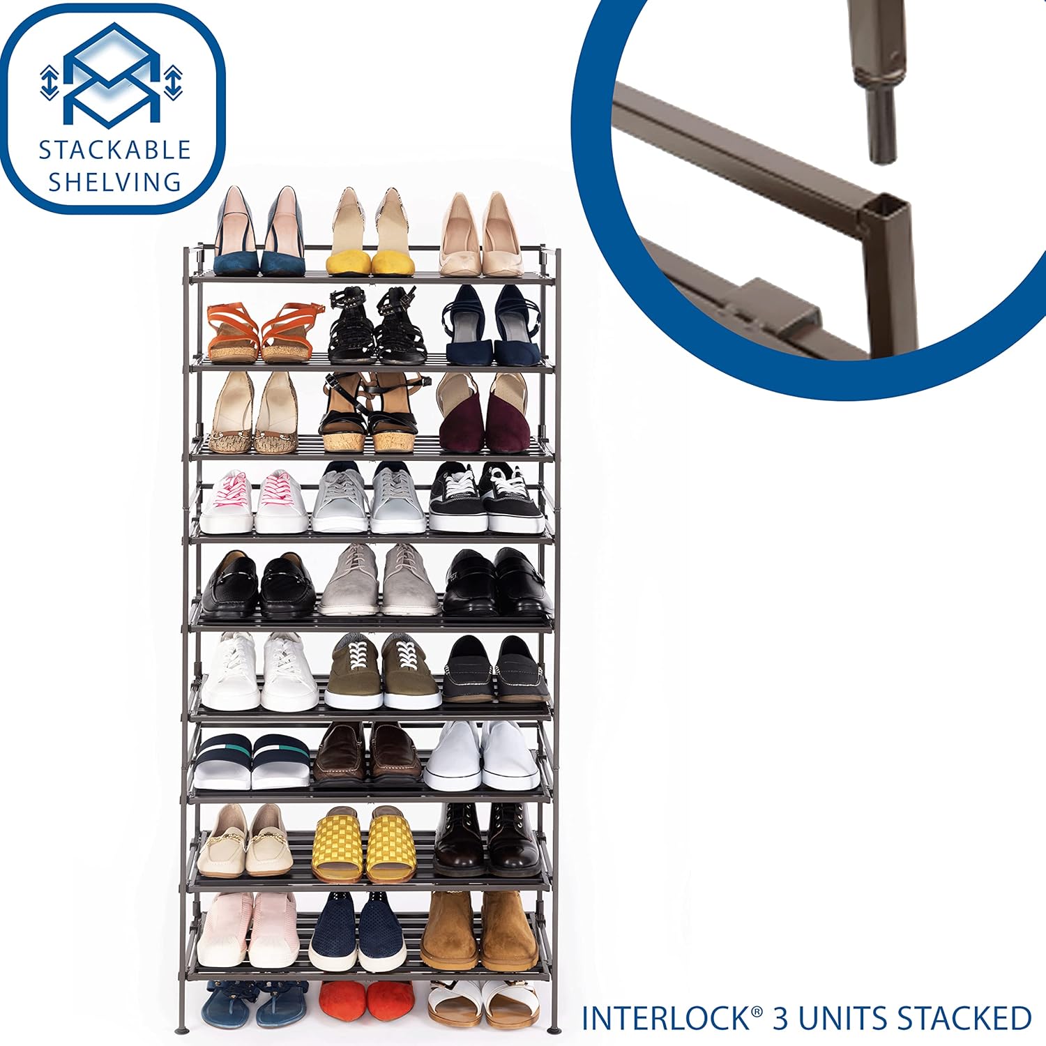 Seville Classics Sturdy Freestanding Storage Shelf for Bedroom, Closet, Entryway, Dorm Room Organizer Stackable Durable Metal Shoe Rack Espresso Slat, 3-Tier (NEW MODEL)8