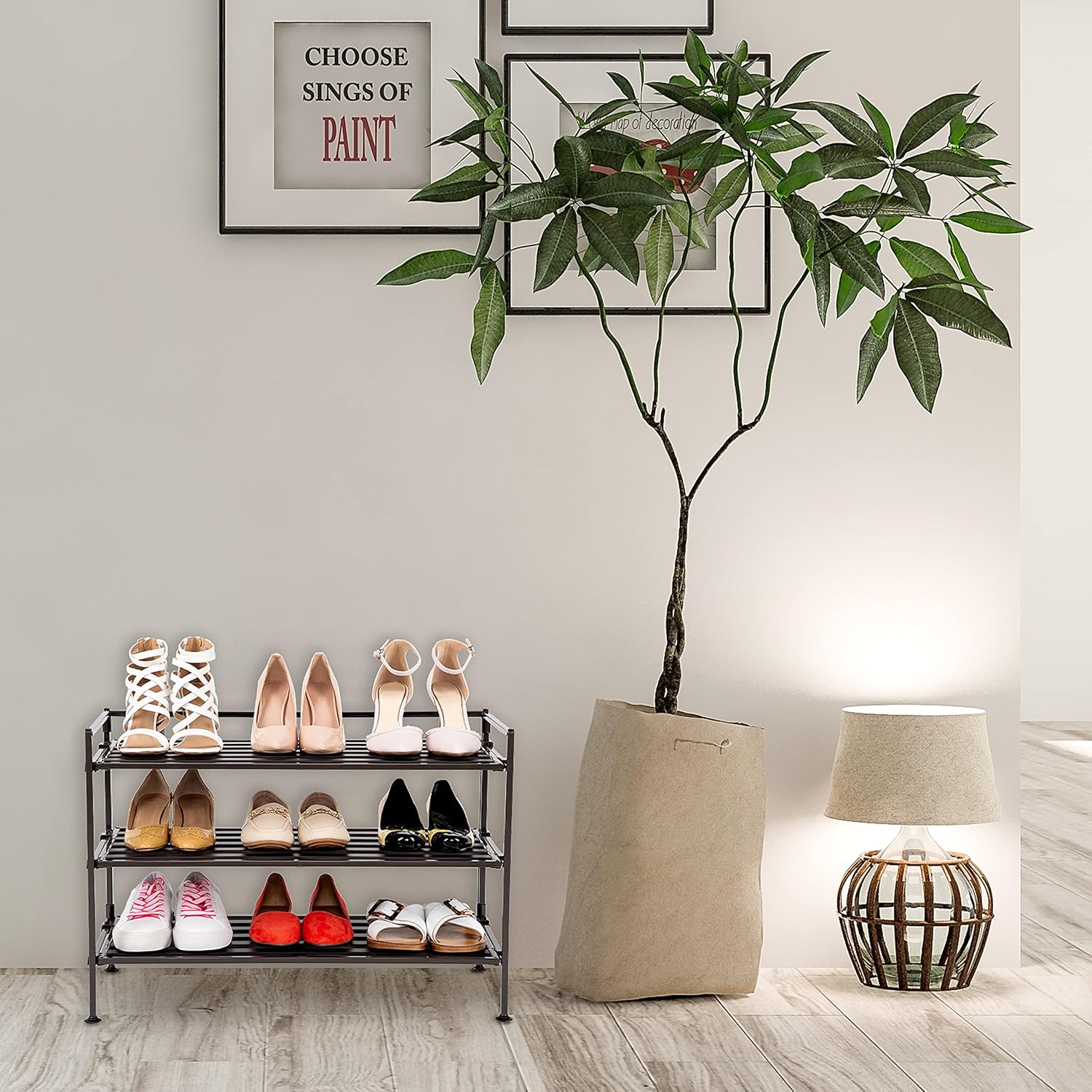 Seville Classics Sturdy Freestanding Storage Shelf for Bedroom, Closet, Entryway, Dorm Room Organizer Stackable Durable Metal Shoe Rack Espresso Slat, 3-Tier (NEW MODEL)9