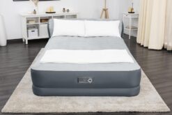 SleepLux Queen Air Mattress with Headboard | Supersoft Snugable Top, Extra Durable Tough Guard | Raised Airbed with Built in Pump + USB Charger (90