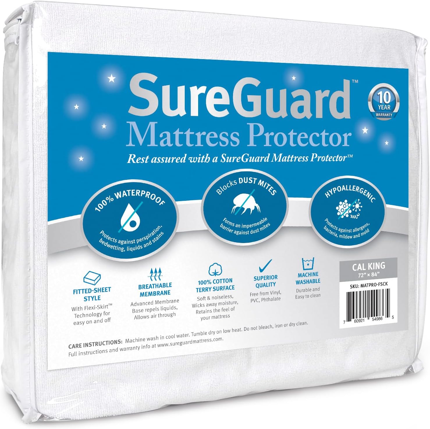 SureGuard California King Mattress Protector - 100% Waterproof, Hypoallergenic - Premium Fitted Cotton Terry Cover White SureGuard California King Mattress Protector - 100% Waterproof, Hypoallergenic - Premium Fitted Cotton Terry Cover White
