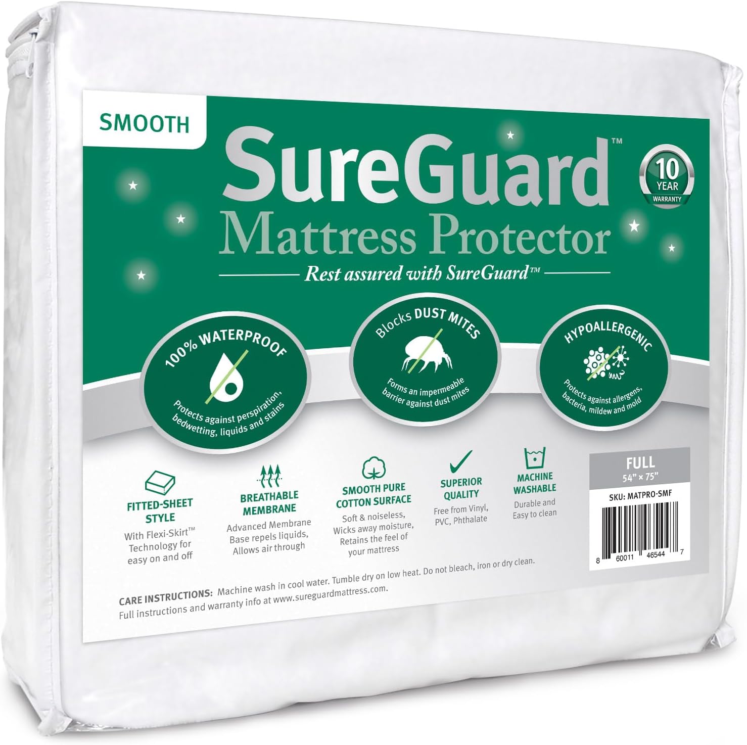 SureGuard Full Size Mattress Protector - 100% Waterproof, Hypoallergenic - Premium Fitted Cotton Cover - Smooth SureGuard Full Size Mattress Protector - 100% Waterproof, Hypoallergenic - Premium Fitted Cotton Cover - Smooth