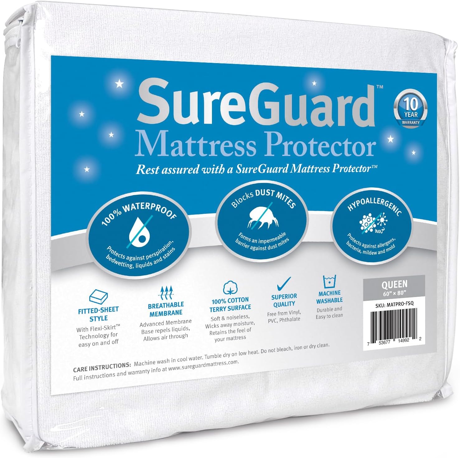 SureGuard Queen Size Mattress Protector - 100% Waterproof, Hypoallergenic - Premium Fitted Cotton Terry Cover White SureGuard Queen Size Mattress Protector - 100% Waterproof, Hypoallergenic - Premium Fitted Cotton Terry Cover White