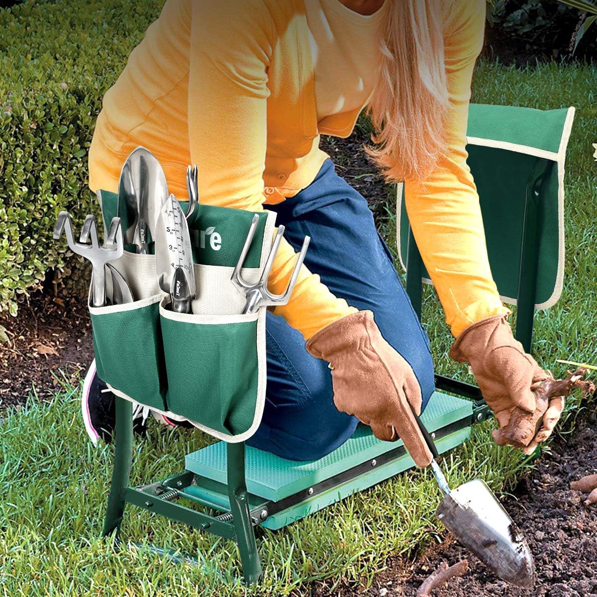 TomCare Upgraded Garden Kneeler Seat Widen Soft Kneeling Pad Garden Tools Stools Garden Bench with 2 Large Tool Pouches Outdoor Foldable Sturdy Gardening Tools for Gardeners, Green2