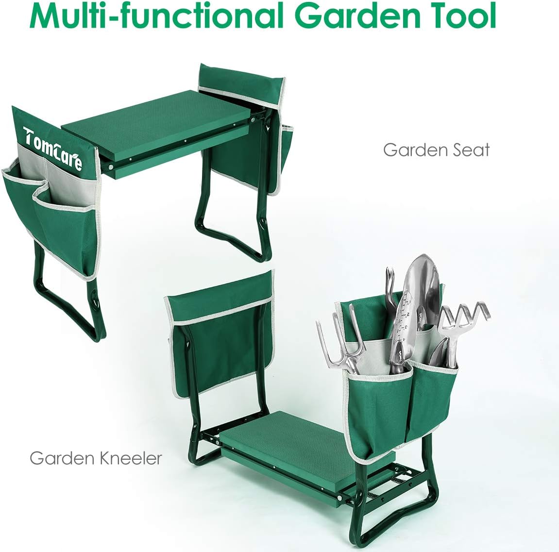TomCare Upgraded Garden Kneeler Seat Widen Soft Kneeling Pad Garden Tools Stools Garden Bench with 2 Large Tool Pouches Outdoor Foldable Sturdy Gardening Tools for Gardeners, Green34