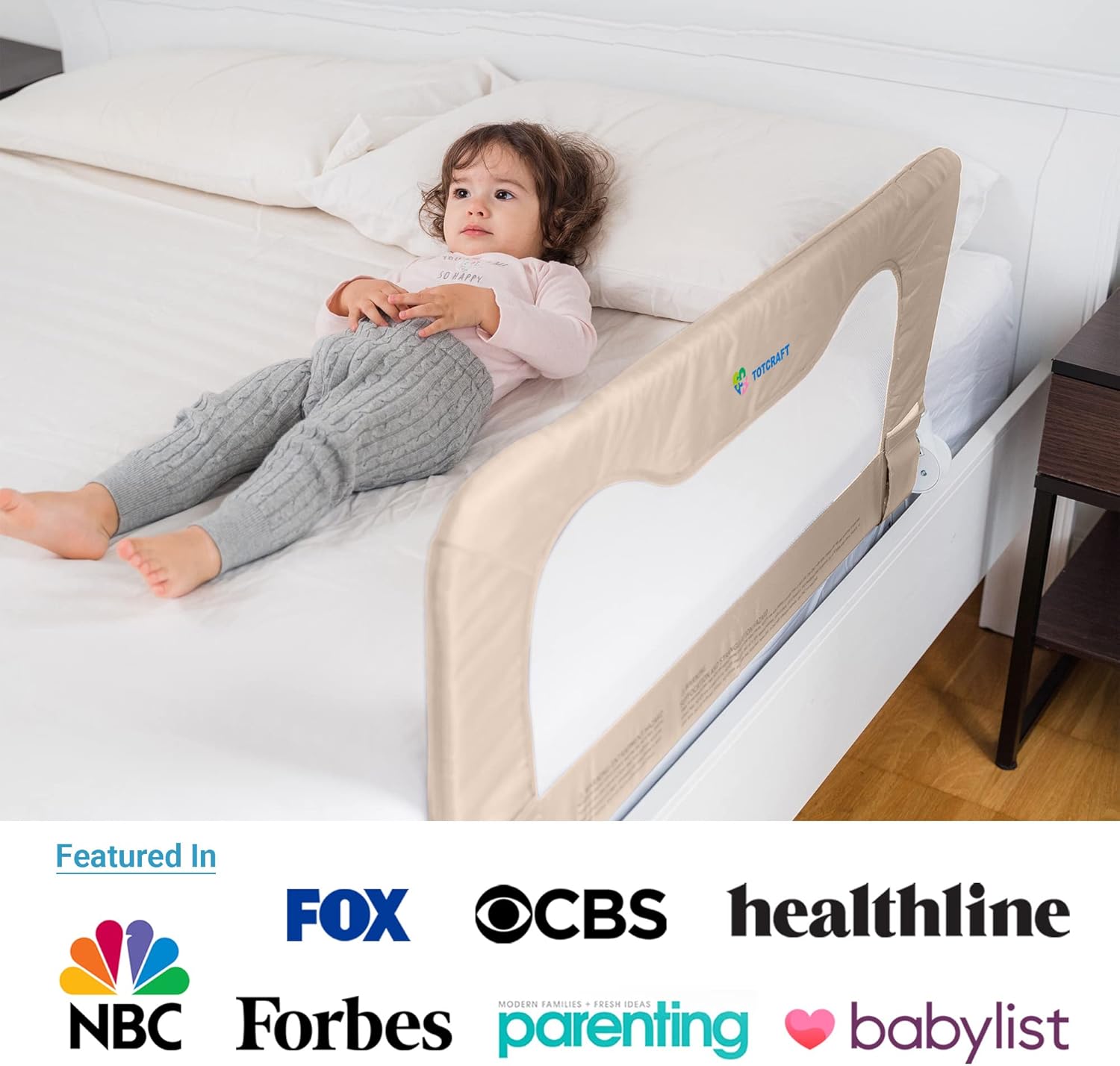 TotCraft Toddler Bed Rails Guard – Universal Baby & Children Bed Rail for Box Spring &slats – Kids Bed Rails for Toddlers for Cribs, Twin, Double, Full Size Queen &King Bed - Beige (35.5L19.5H) in1