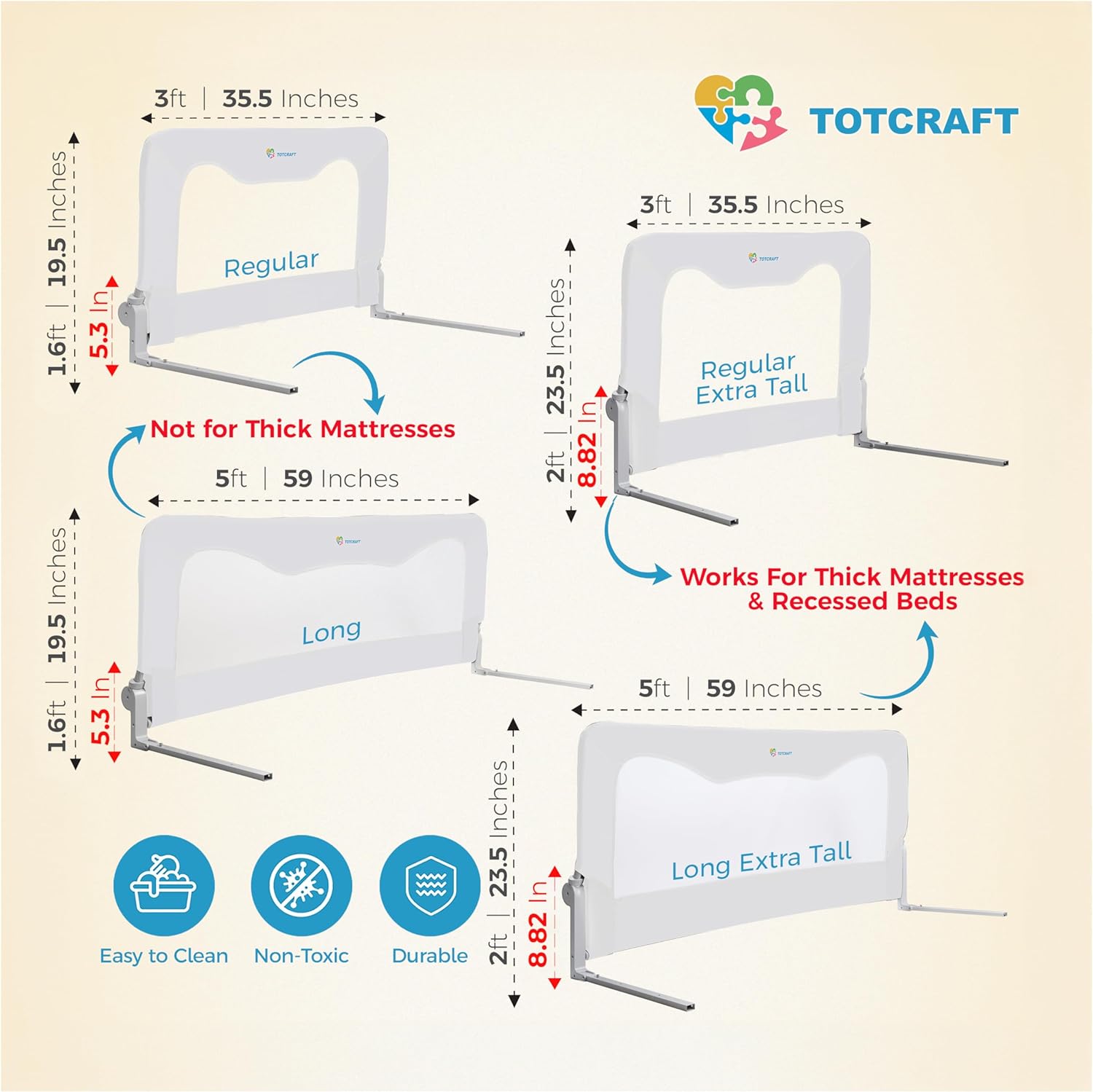 TotCraft Toddler Bed Rails Guard – Universal Baby & Children Bed Rail for Box Spring &slats – Kids Bed Rails for Toddlers for Cribs, Twin, Double, Full Size Queen &King Bed - Beige (35.5L19.5H) in2
