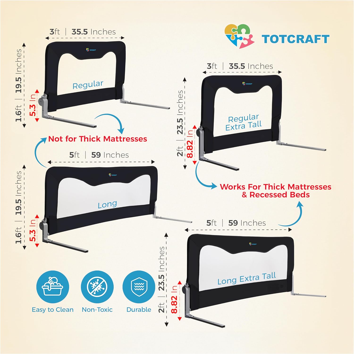 TotCraft Toddler Kids Bed Rails Guard – Universal Baby & Children Bed Rail for Box Spring &slats, Cribs, Twin, Double, Full Size Queen & King Bed - Grey (35.5L19.5H) in3