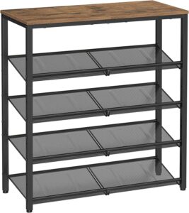 VASAGLE Shoe Rack for Entryway, 5 Tier Shoe Storage Shelves, 16-20 Pairs Shoe Organizer, with Sturdy Wooden Top and Steel Frame, Free Standing, Industrial, Honey Brown and Ink Black ULBS038K01