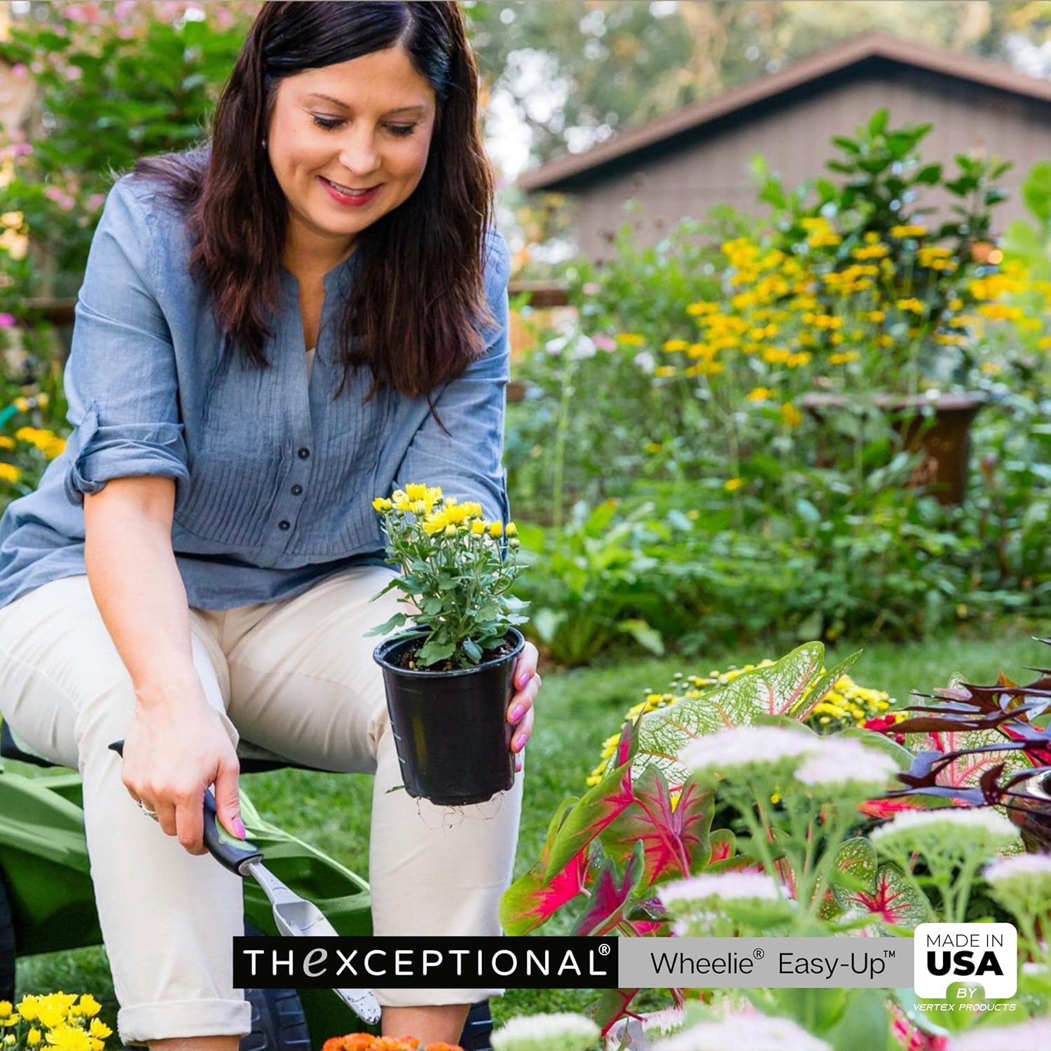 Wheelie Easy-Up Wheeled Garden Stool with Handles Relieve Pain Getting Up and Down Gardening Work-Seat with Wheels for Elderly Seniors Made in USA by Vertex Model EX5300