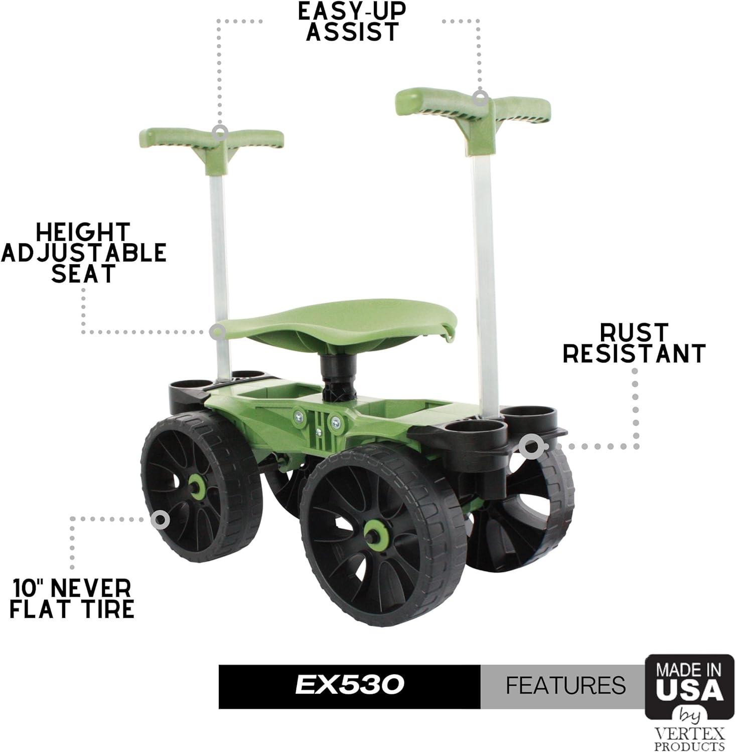 Wheelie Easy-Up Wheeled Garden Stool with Handles Relieve Pain Getting Up and Down Gardening Work-Seat with Wheels for Elderly Seniors Made in USA by Vertex Model EX5302
