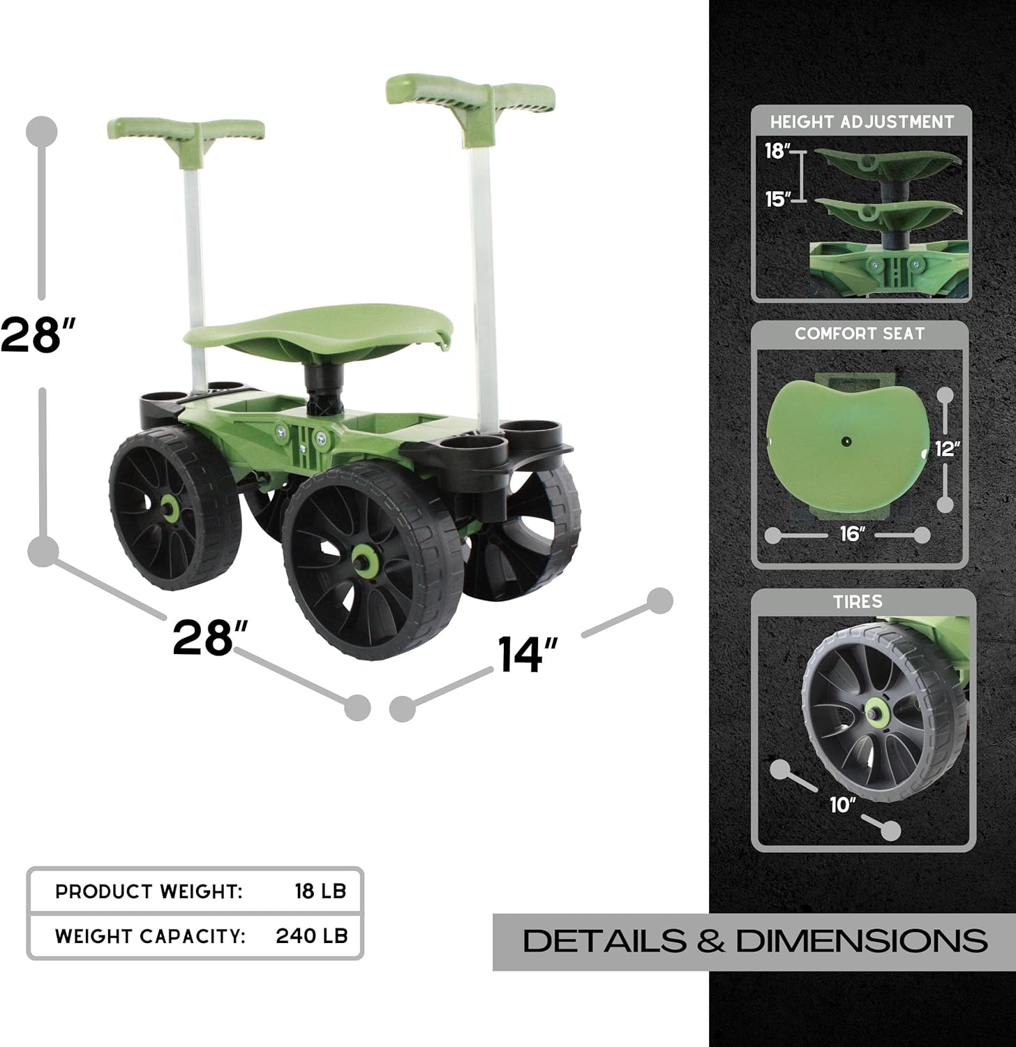 Wheelie Easy-Up Wheeled Garden Stool with Handles Relieve Pain Getting Up and Down Gardening Work-Seat with Wheels for Elderly Seniors Made in USA by Vertex Model EX5304