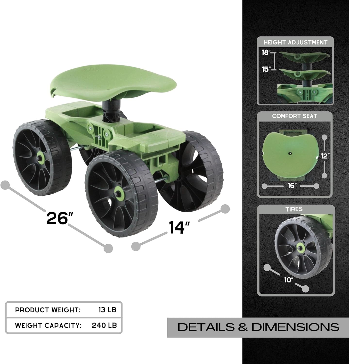 Wheelie Scoot Premium Rolling Work Seat Comfort Utility Garden Stool with Never Flat Wheels Made in USA by Vertex Model EX5000