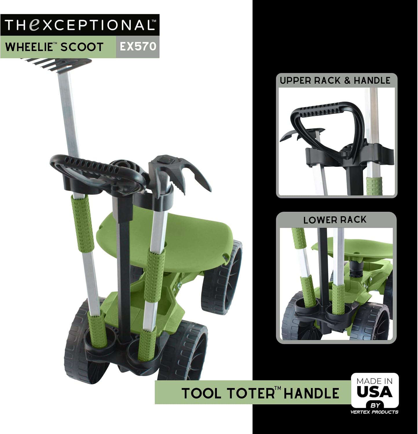 Wheelie with Tool Toter Handle and Bucket Premium Scoot and Tool Storage Rack with Tote Bucket Made in USA by Vertex Model EX5701