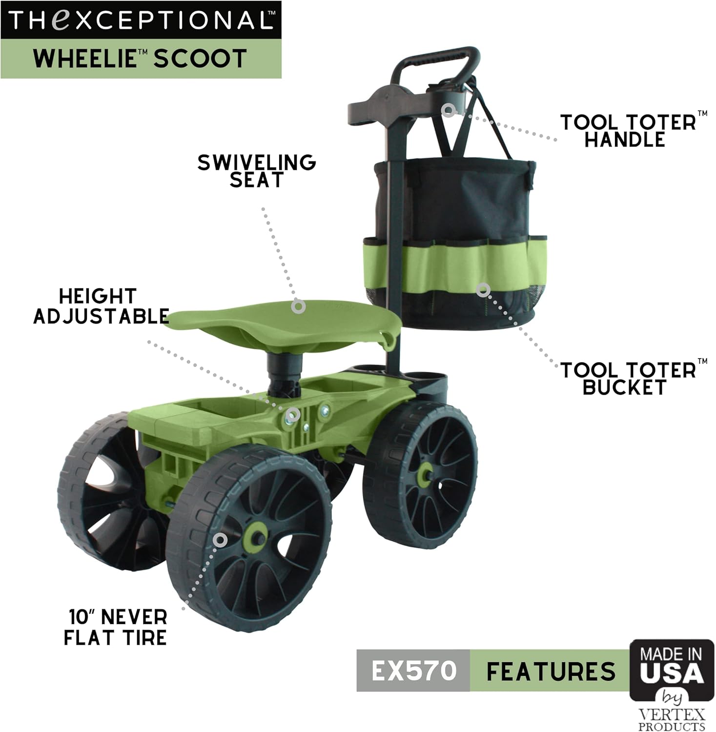 Wheelie with Tool Toter Handle and Bucket Premium Scoot and Tool Storage Rack with Tote Bucket Made in USA by Vertex Model EX5702
