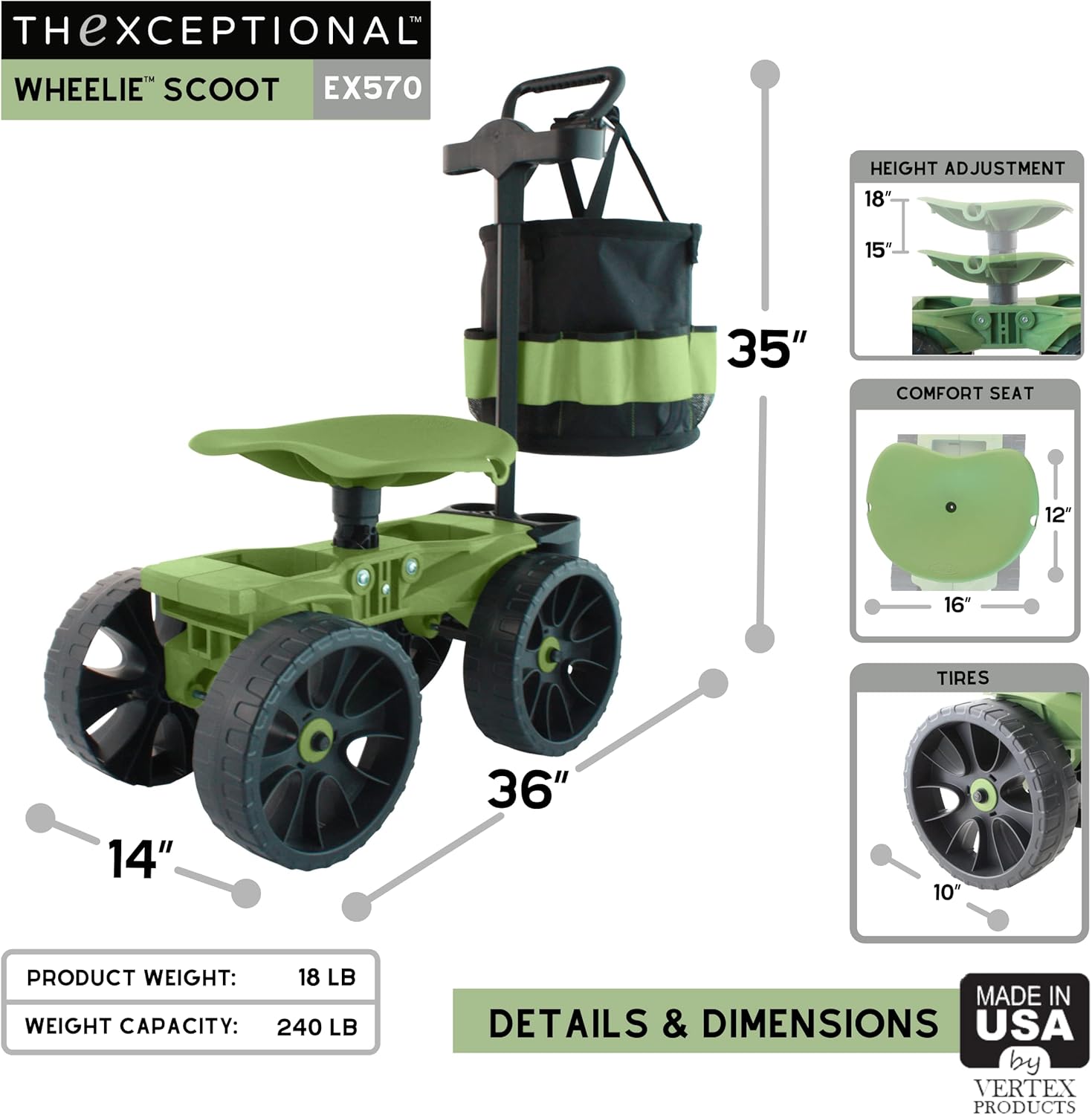 Wheelie with Tool Toter Handle and Bucket Premium Scoot and Tool Storage Rack with Tote Bucket Made in USA by Vertex Model EX5709