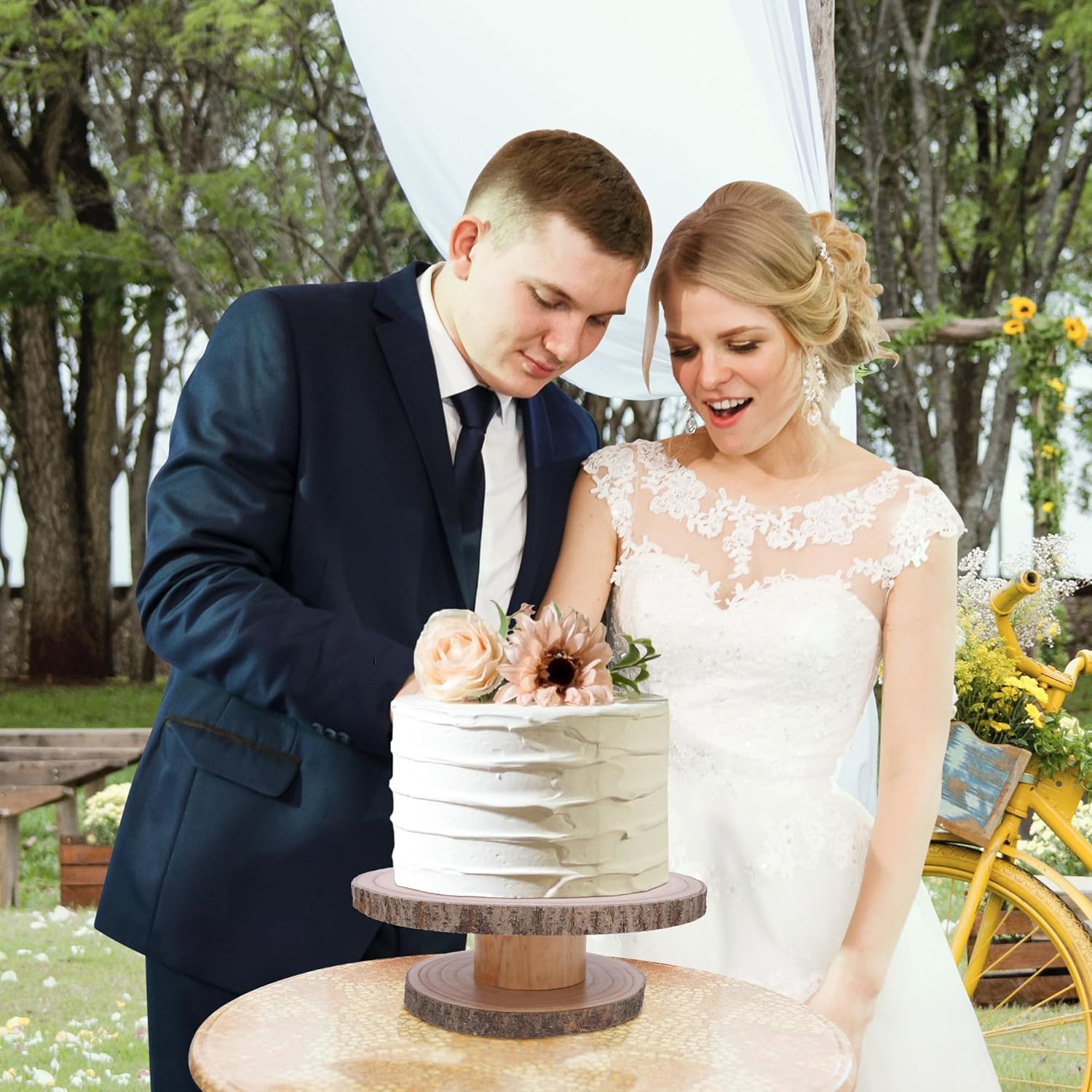Wooden Cake Stand Rustic 12 inch - Multifunctional 2-in-1 Wedding Cake Stand Wood & Display Tray Platter for Appetizers Desserts Charcuterie Board - Farmhouse Tree Stump Style - Sturdy, Easy to Clean8