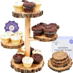Wooden Rustic Cupcake Stand - 4 Tier Natural & Sturdy Wood Dessert Display - For Birthday Party Decoration, Wedding, Baby Shower Decor - Round Tower Tiered Tray Plate Centerpiece Set (Textured Bark Edges)
