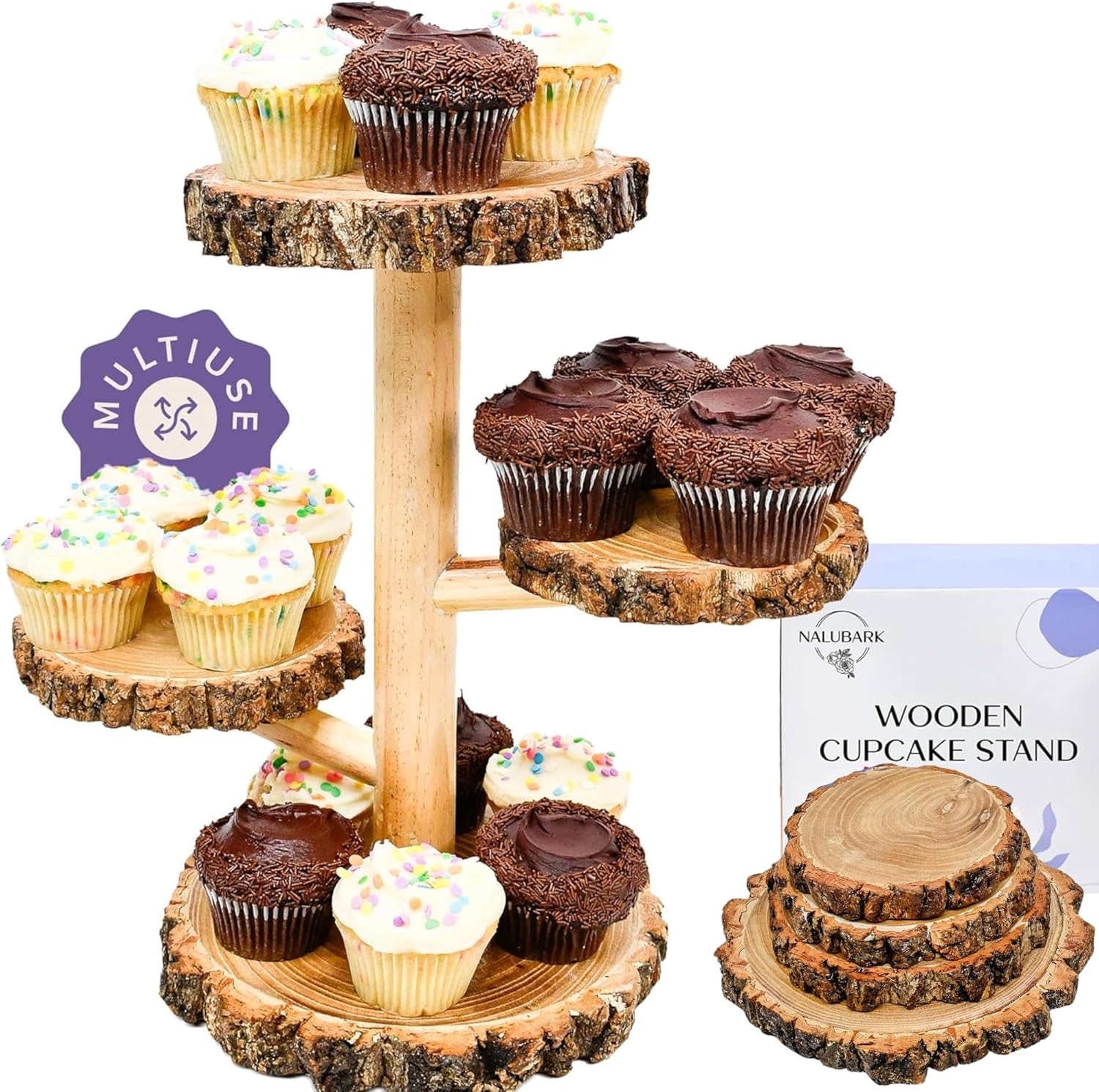 Wooden Rustic Cupcake Stand - 4 Tier Natural & Sturdy Wood Dessert Display - For Birthday Party Decoration, Wedding, Baby Shower Decor - Round Tower Tiered Tray Plate Centerpiece Set (Textured Bark Edges) Wooden Rustic Cupcake Stand - 4 Tier Natural & Sturdy Wood Dessert Display - For Birthday Party Decoration, Wedding, Baby Shower Decor - Round Tower Tiered Tray Plate Centerpiece Set (Textured Bark Edges)