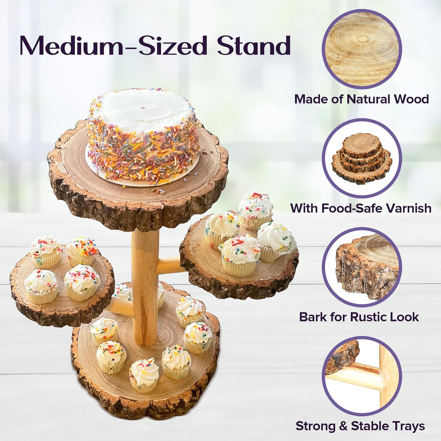 Wooden Rustic Cupcake Stand - 4 Tier Natural & Sturdy Wood Dessert Display - For Birthday Party Decoration, Wedding, Baby Shower Decor - Round Tower Tiered Tray Plate Centerpiece Set (Textured Bark Edges)1