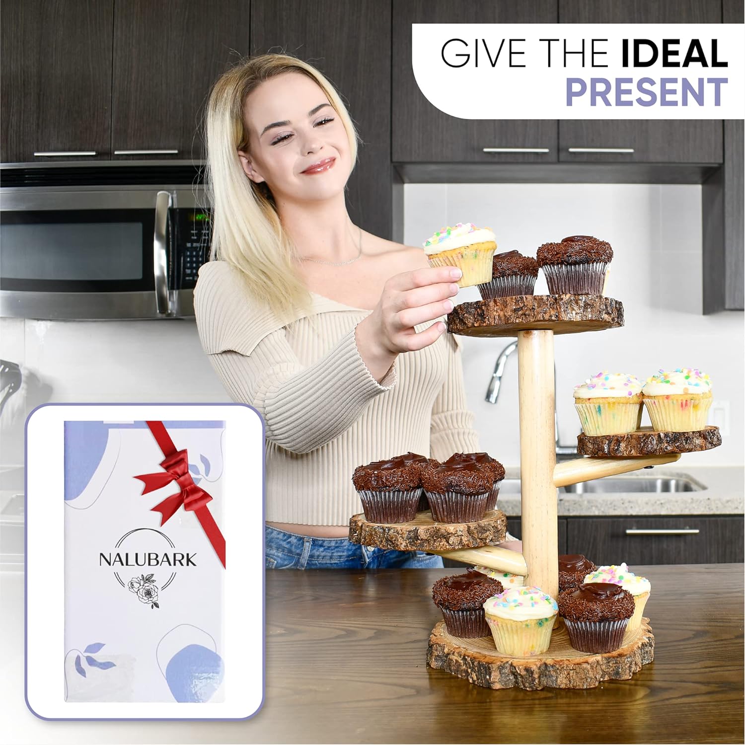 Wooden Rustic Cupcake Stand - 4 Tier Natural & Sturdy Wood Dessert Display - For Birthday Party Decoration, Wedding, Baby Shower Decor - Round Tower Tiered Tray Plate Centerpiece Set (Textured Bark Edges)4